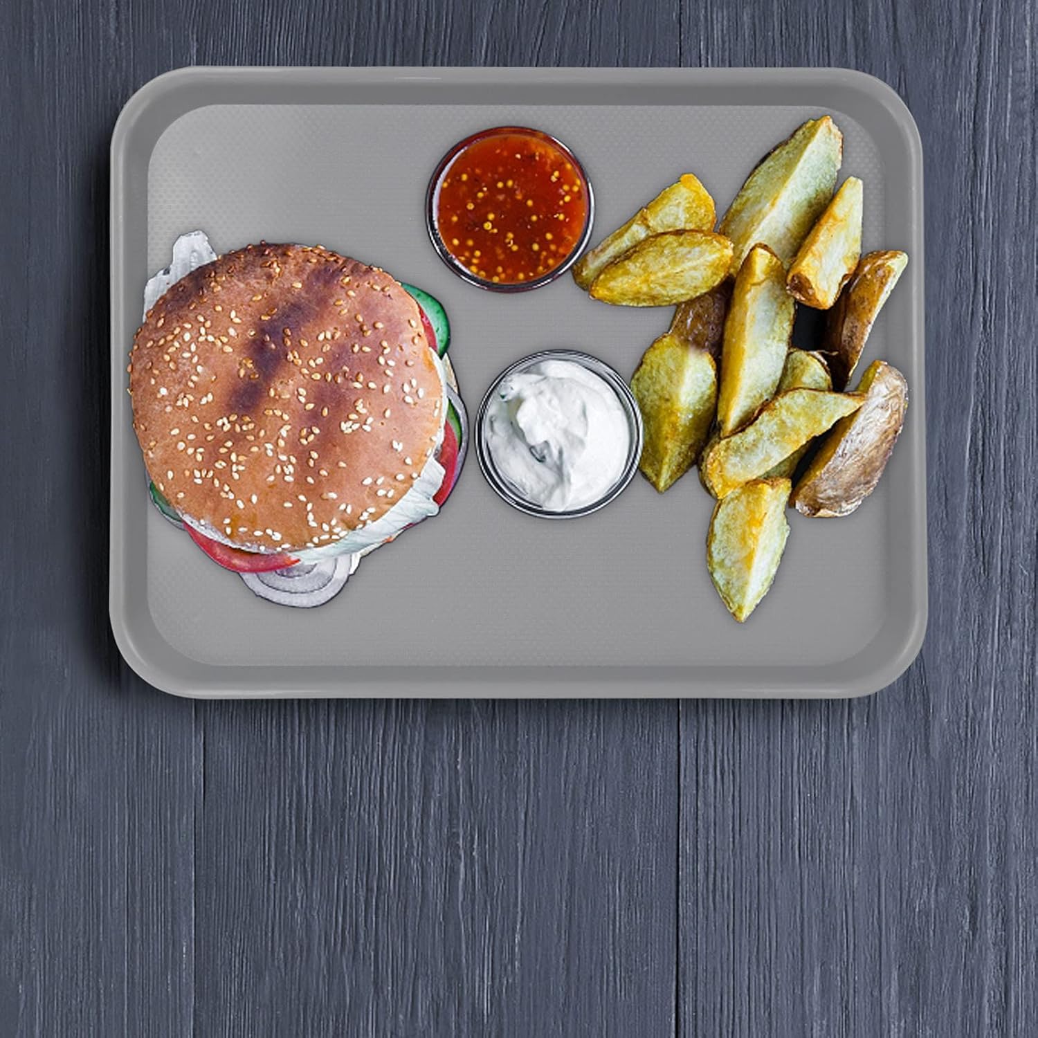 Pekky Bandejas de plástico de comida rápida, bandeja de servir gris, 17.2 x 13.5 x 0.9 pulgadas, 4 paquetes