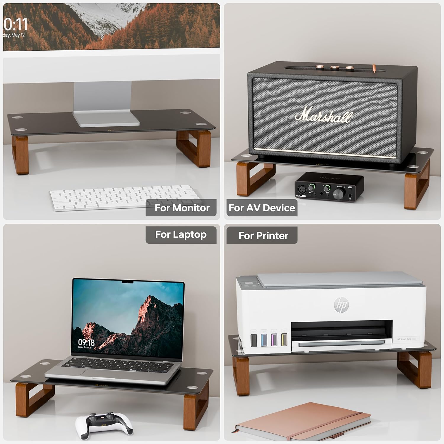 YEOUX Soporte elevador de cristal negro para monitor de computadora con base de madera para pantalla plana LCD, TV LED, portátil, impresora, soporte