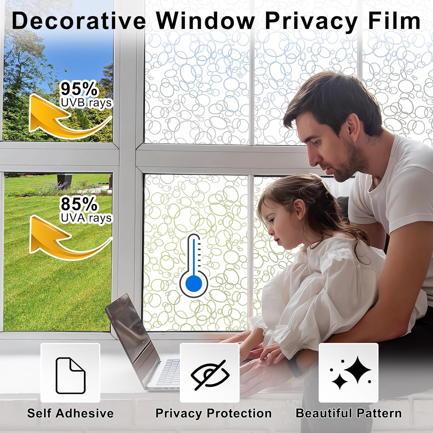 Ohmywor Película decorativa de privacidad para ventana, patrones circulares impresos con control de calor, bloqueo solar, anti UV, película