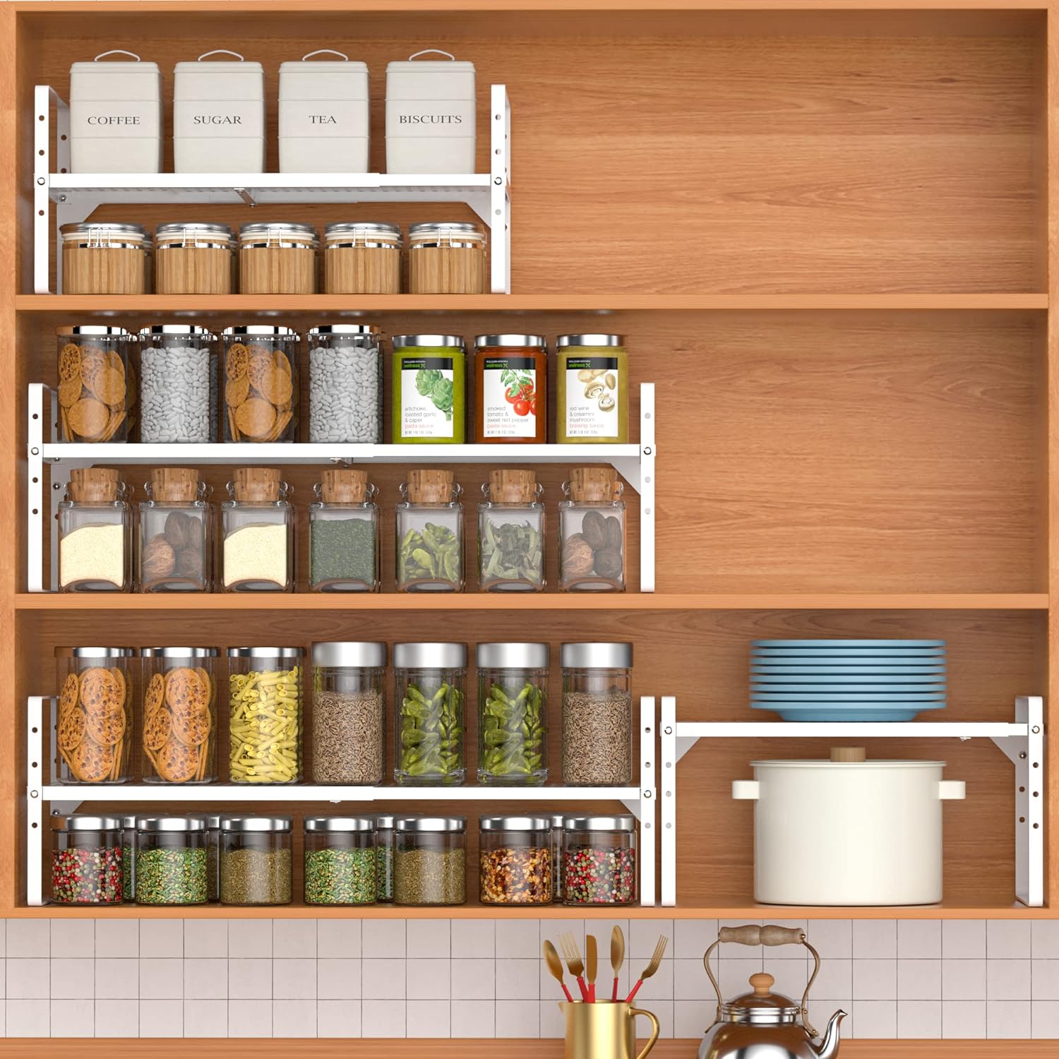 Organizador de estante de gabinete de cocina expandible, estantes de almacenamiento de despensa de metal apilables, estante organizador de estante