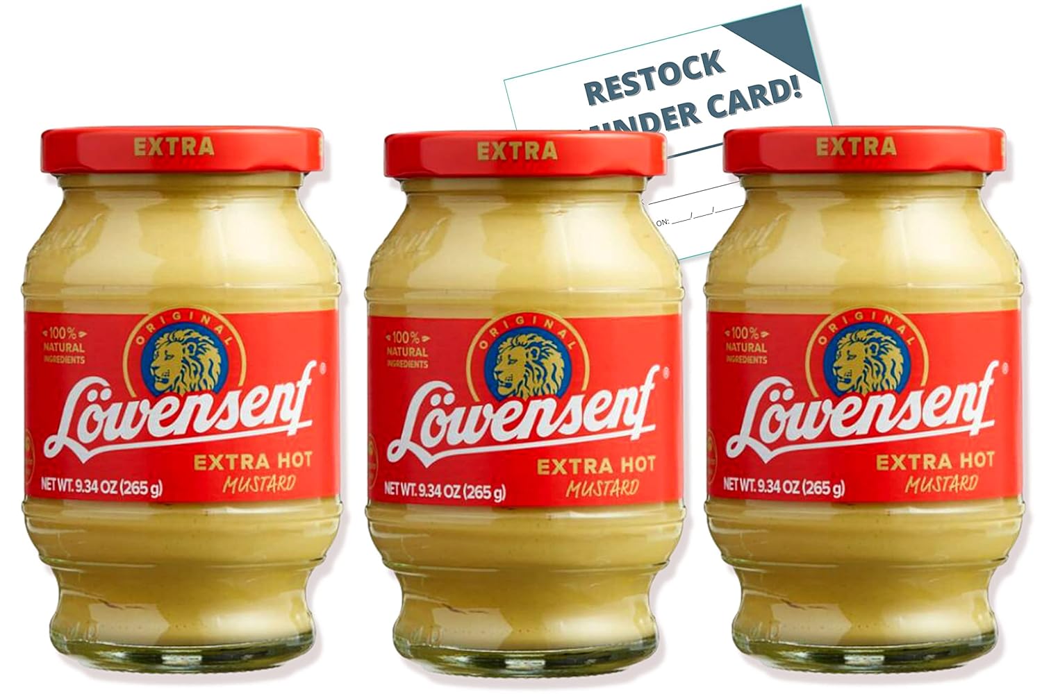 Lowensenf – Mostaza alemana extra caliente, 9.34 onzas (paquete de 3) con tarjeta de reabastecimiento de comestibles por IntFeast