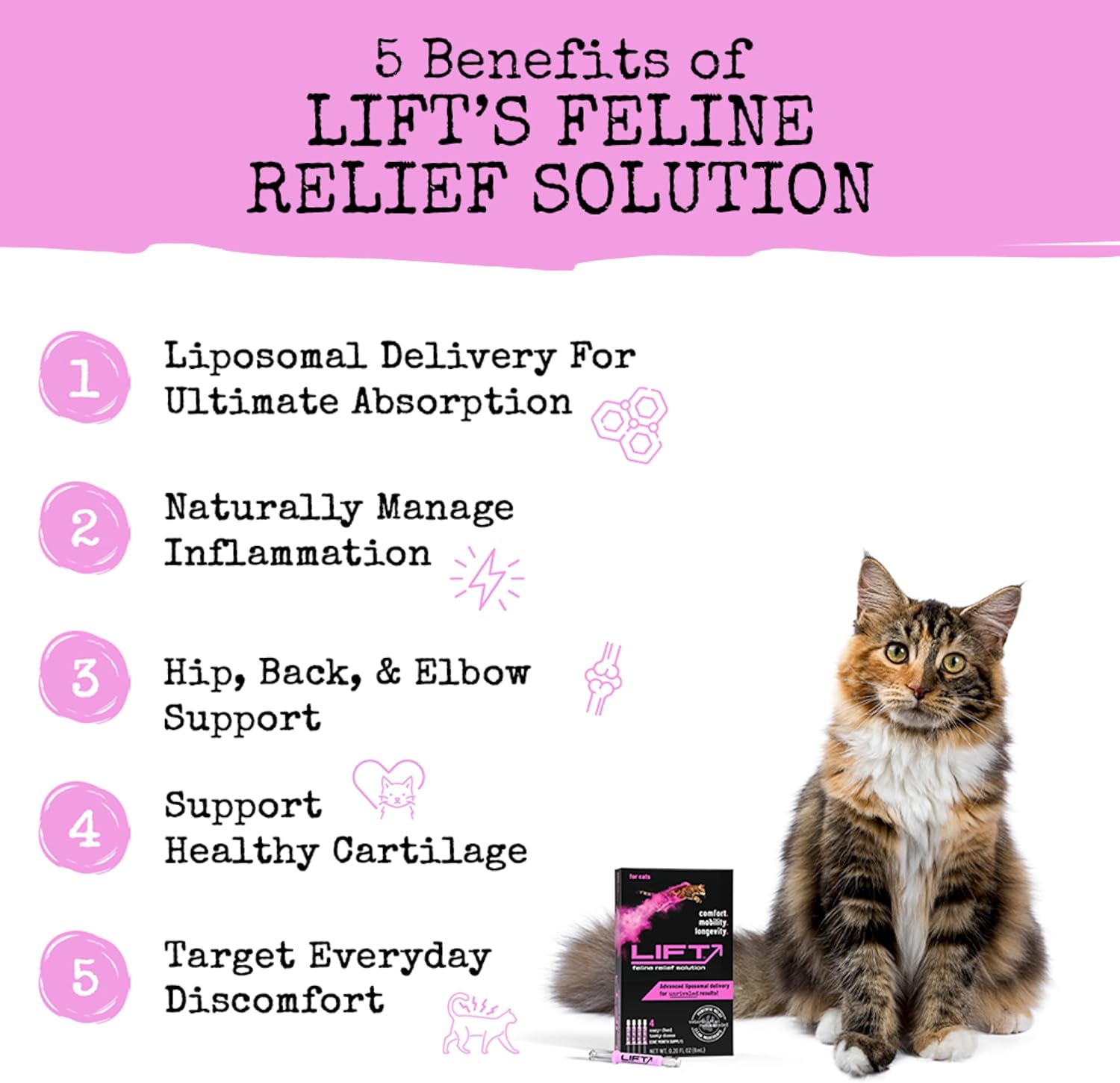 Lift Feline – Suplemento para aliviar el dolor de la inflamación de cadera y articulaciones, vitamina para gatos, cronroitina natural con entrega