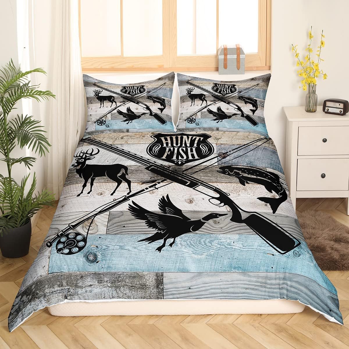 Castle Fairy Hunt Fish – Juego de ropa de cama tamaño Queen, juego de funda de edredón de caza de animales de ciervos, pájaros, animales para niños,