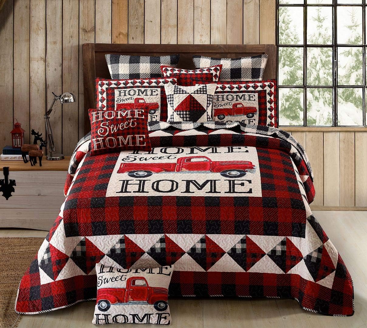 Virah Bella Juego de ropa de cama de 3 piezas tamaño King – Strain Red Truck Home Sweet Home – Edredón reversible de campamento rústico con fundas