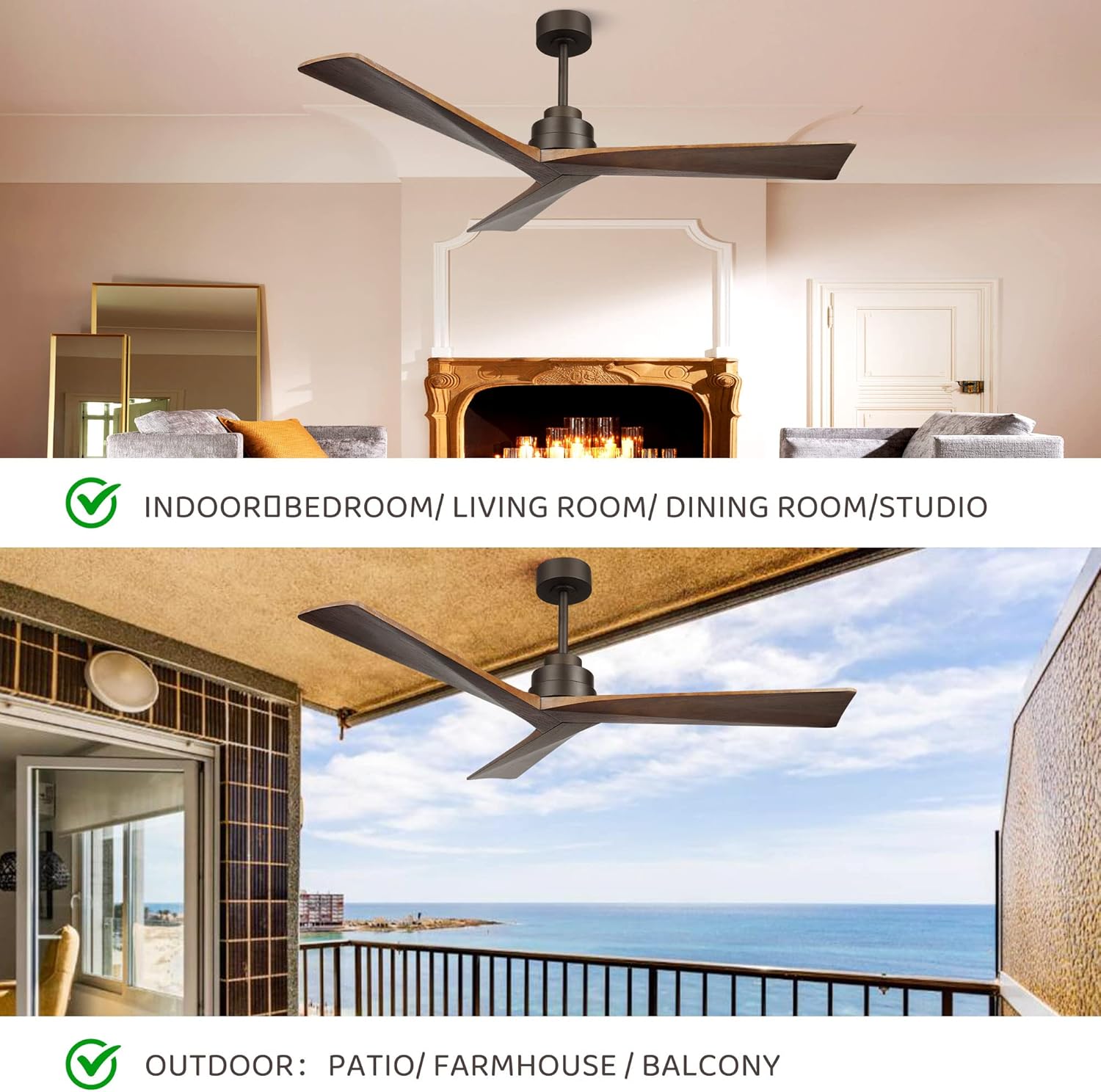 Ventilador de techo de madera de 52 pulgadas sin luz, ventilador de techo para exteriores de 6 velocidades con control remoto, 3 aspas, ventilador
