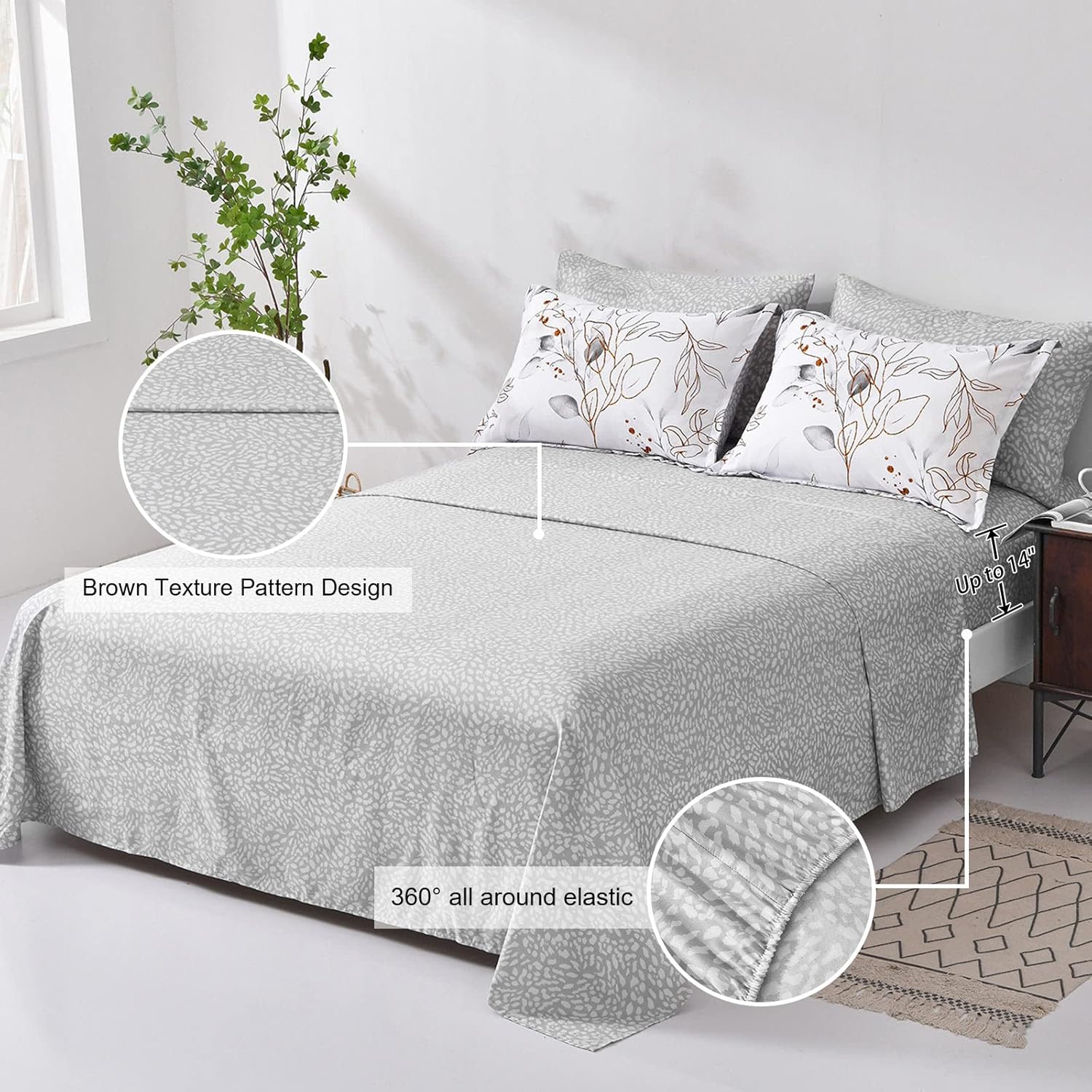 WONGS BEDDING Juego de edredón botánico de 7 piezas, tamaño matrimonial, diseño floral reversible en una bolsa, color gris y dorado con hojas (1