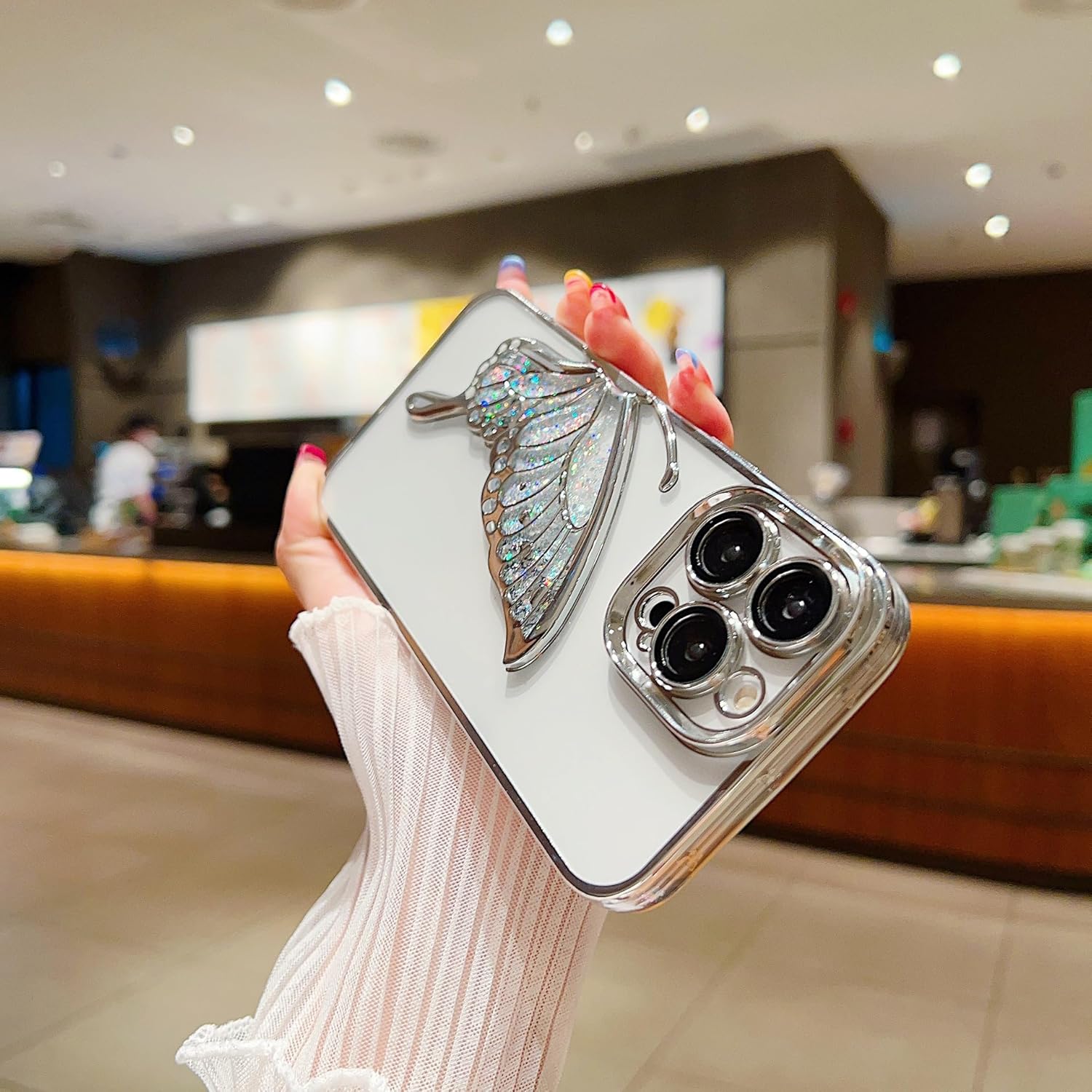 Ownest Funda compatible con iPhone 13 Pro Max con purpurina de lujo, diseño estético chapado en mariposa, protección de cámara, protección de