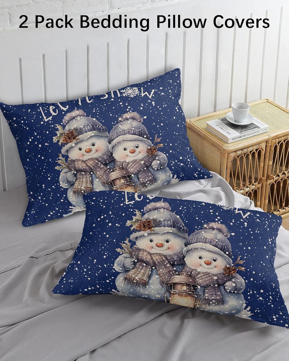 Fundas de almohada de invierno con diseño de muñeco de nieve tamaño Queen, 2 paquetes de fundas de almohada suaves para sofá, funda de cojín lumbar