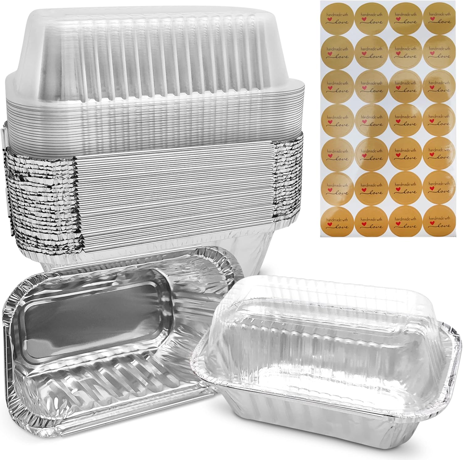 Mwnxia Mini moldes gruesos para pan con tapas, paquete de 50 moldes de aluminio de 1 libra con tapas completas con calcomanías de amor hechas a mano