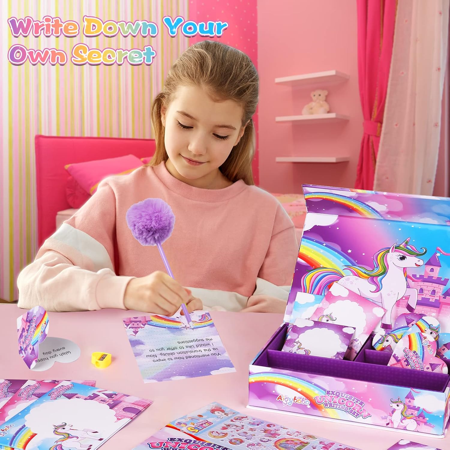Regalos de unicornios para niñas, juego de papelería para niños, kit de escritura de 46 piezas, regalos de Navidad para niñas de 8, 9, 10, 11, 12