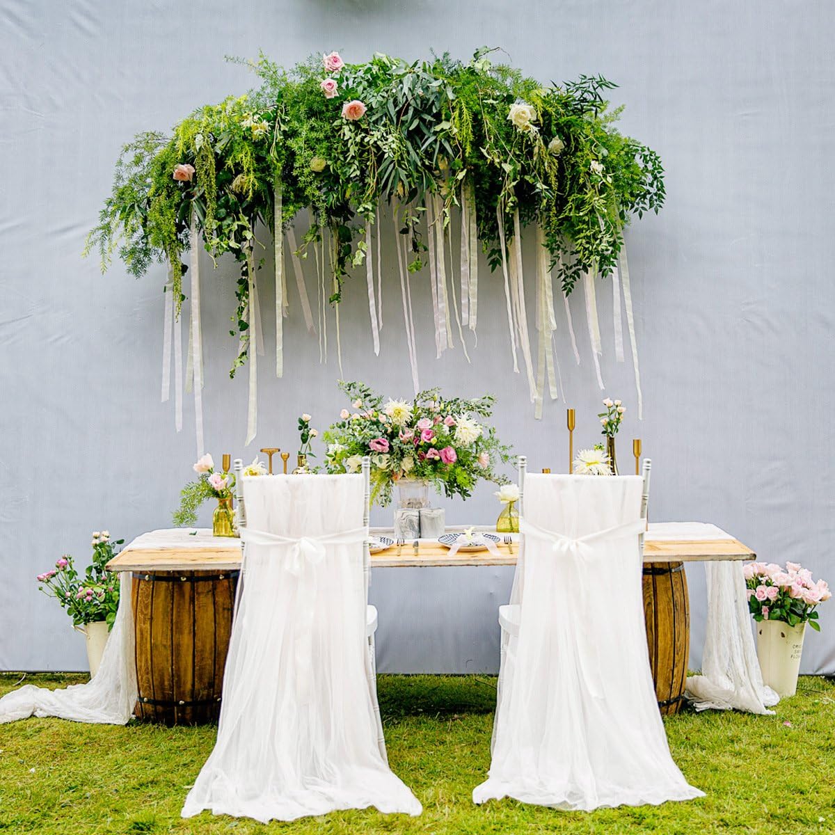 Falda tutú de tul hecha a mano con lazo de banda para fiesta, boda, baby shower, decoración del hogar (blanco, juego de 2)
