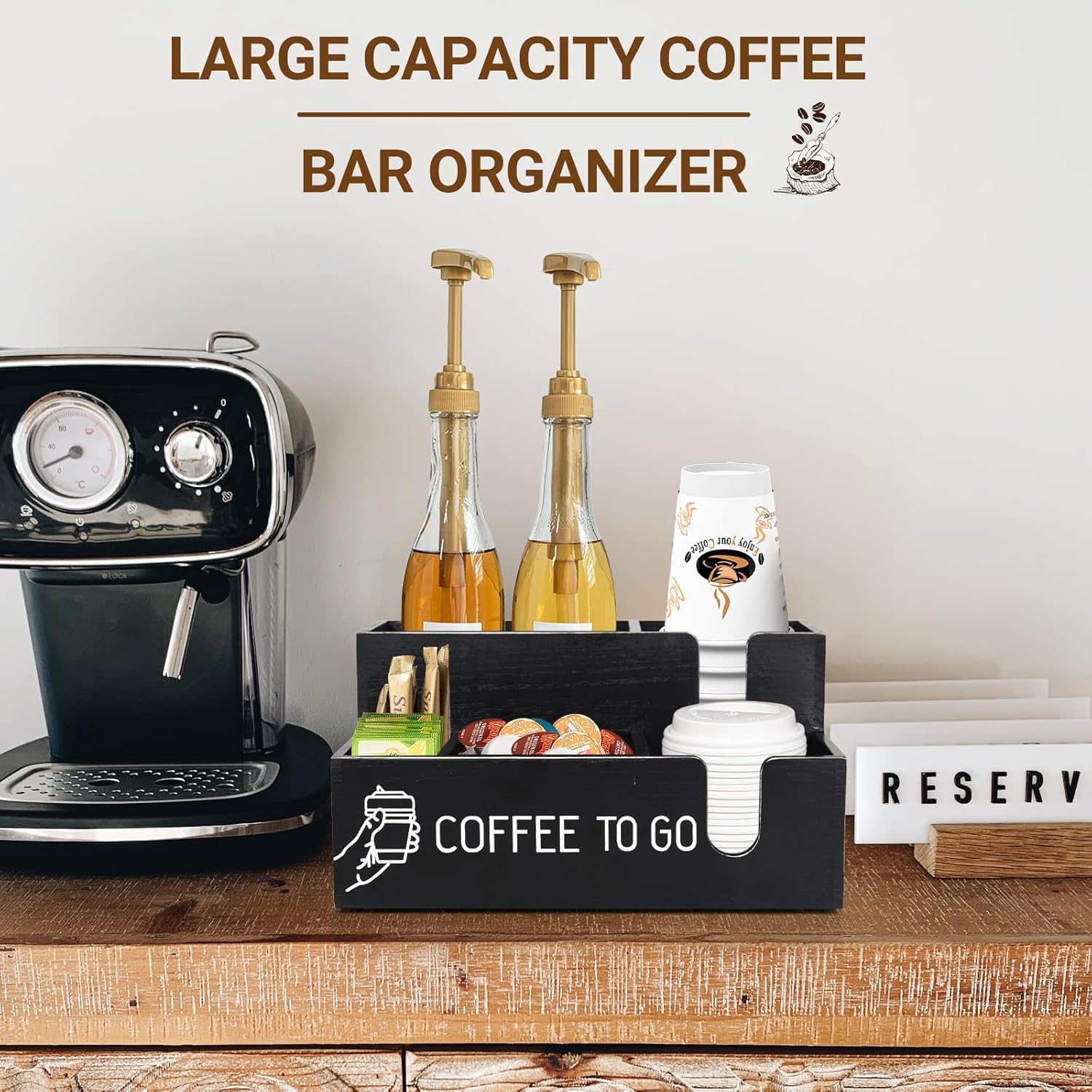 ugiftt Organizador de barra de café, organizador de estación de café, dispensador de taza de café de madera para mostrador, soporte de taza