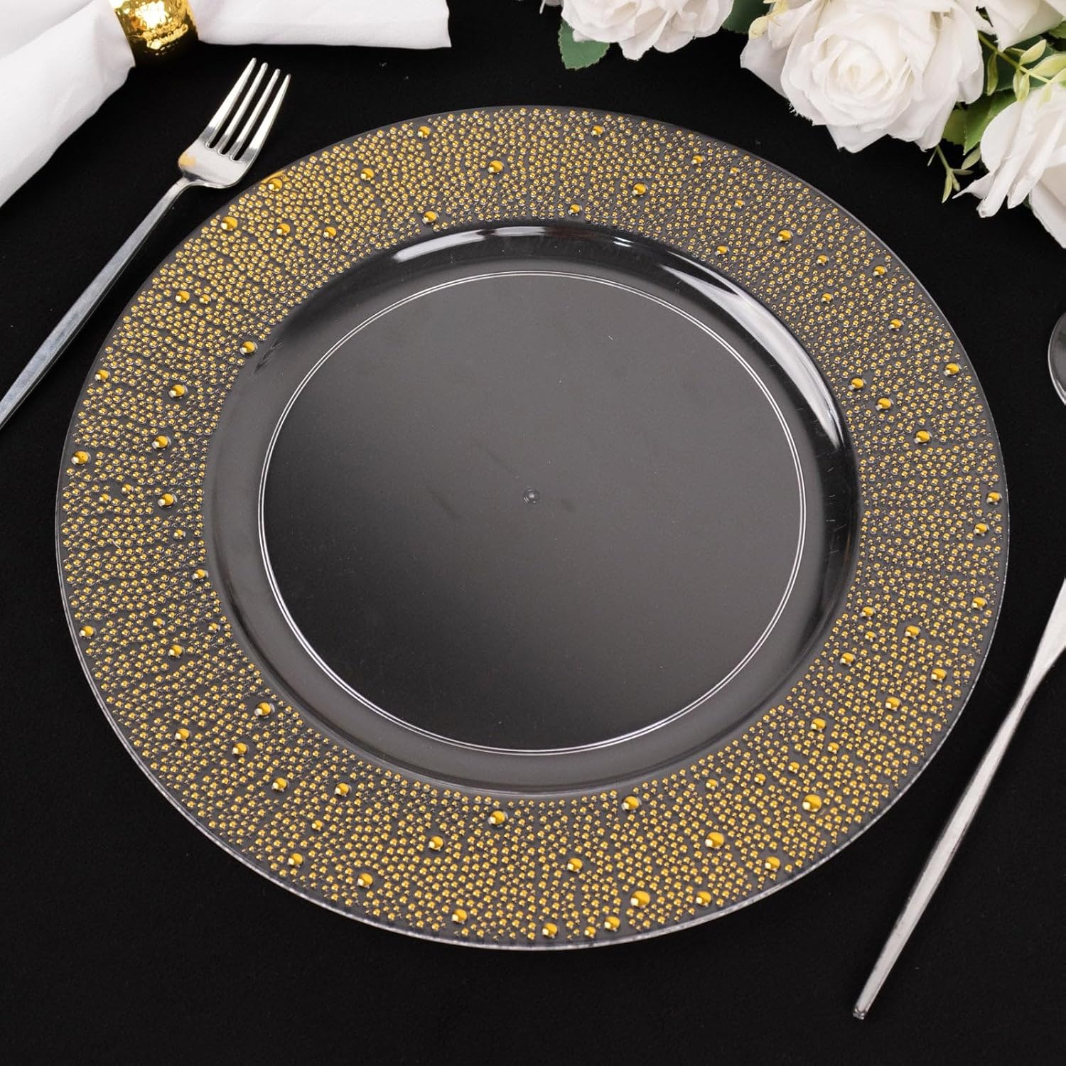 Efavormart – Paquete de 6 platos de plástico con cuentas de perlas doradas y transparentes de 13 pulgadas, platos desechables redondos con borde