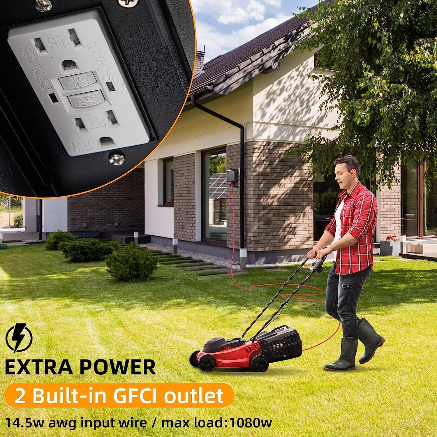 Lámpara LED de pared para exteriores con salida GFCI, moderna luz LED para porche al aire libre con dos salidas integradas, aplique de exterior