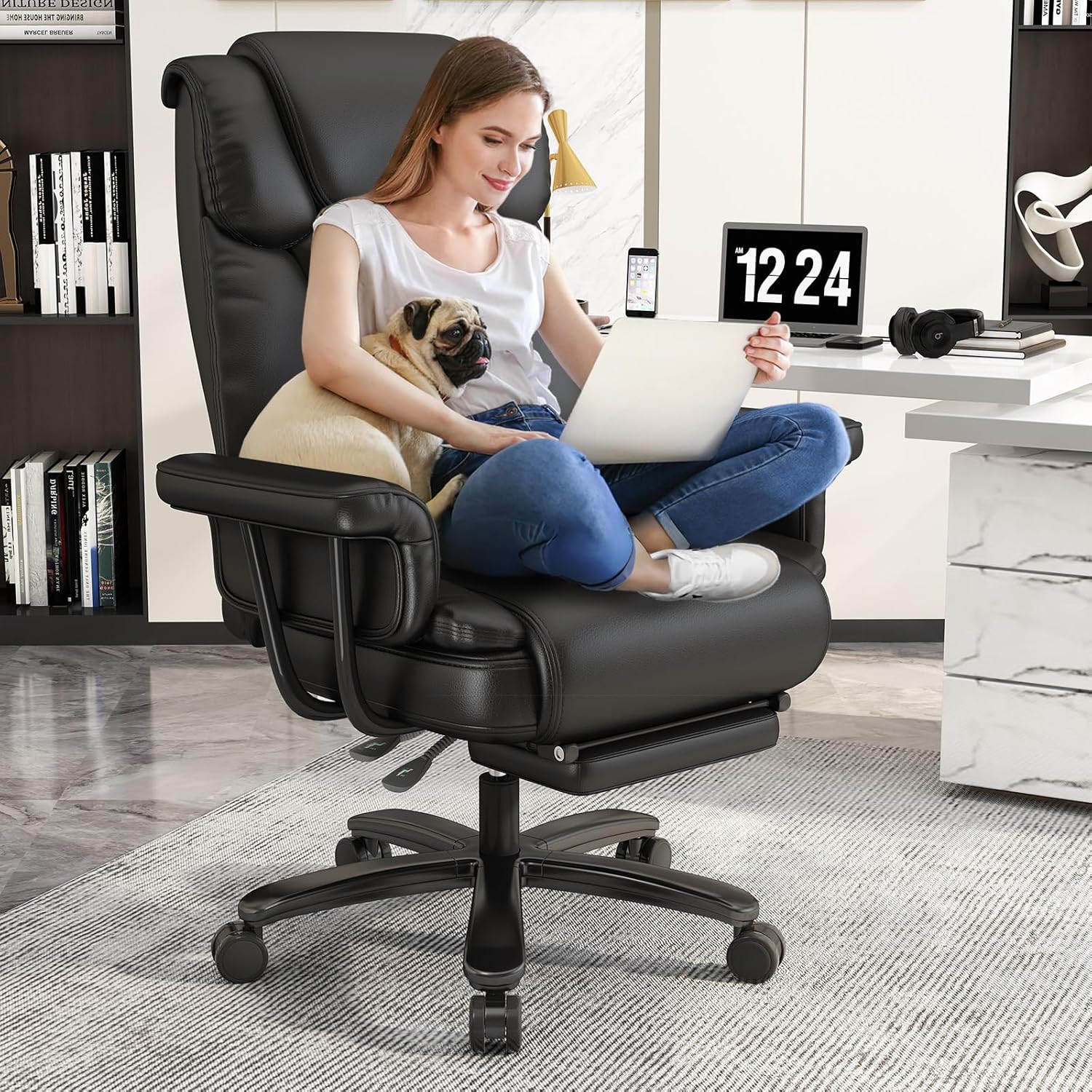 GYI Silla de oficina grande y alta de 400 libras con asiento y brazos anchos, silla de oficina reclinable de 160 con reposapiés, cómoda silla de