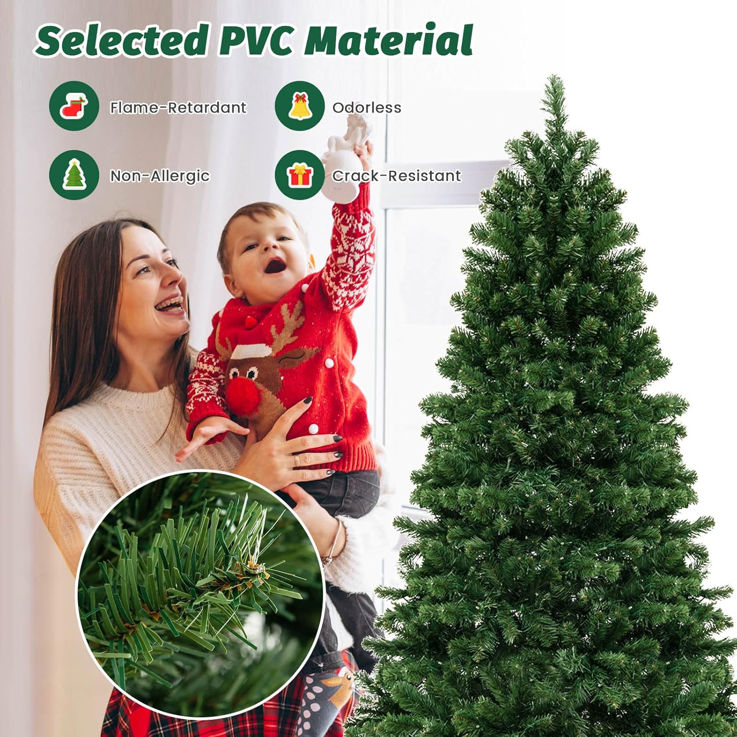 Goplus Árbol de Navidad artificial preiluminado de 6 pies, árbol de Navidad con bisagras con 821 puntas de rama, 560 luces LED blancas cálidas,