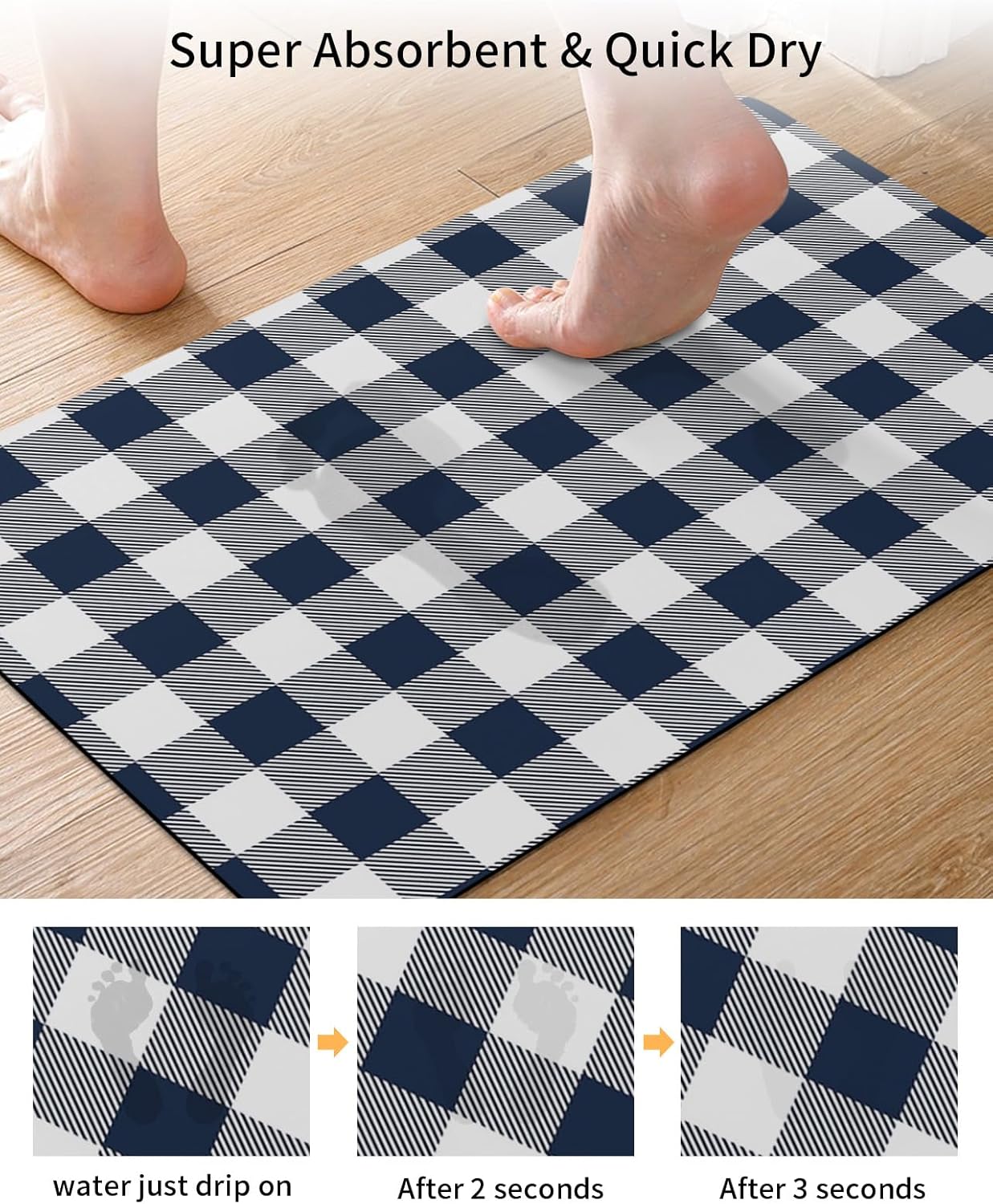 Bathroom Mat, Country Rural Style Navy Blue and White Buffalo Check Gingham Bath Rugs Absorbent Bathroom Floor Mats Non Slip Low Profile Quick Dry