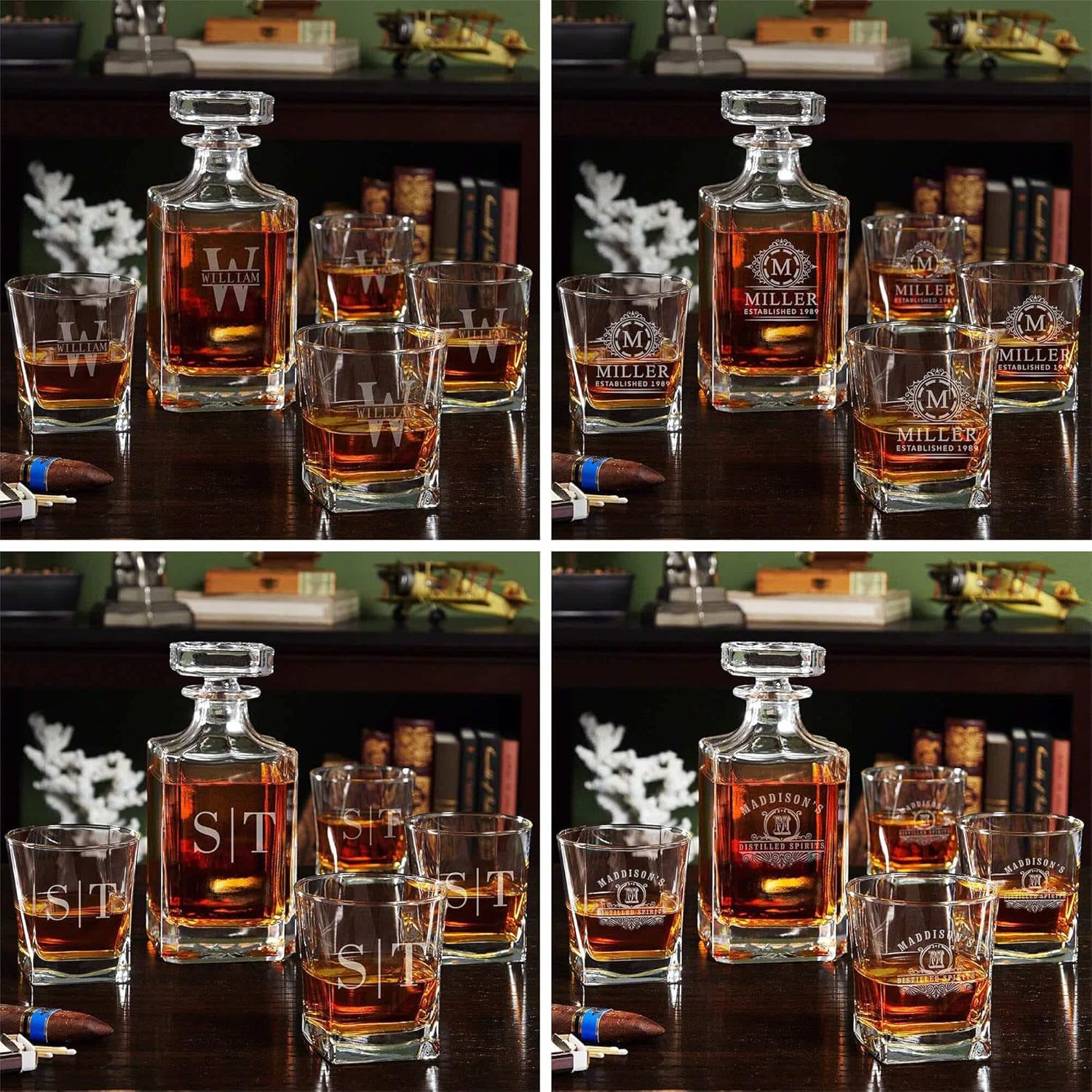 Juego de decantador de whisky personalizado con 4 vasos cuadrados de rocas, caja de regalo disponible