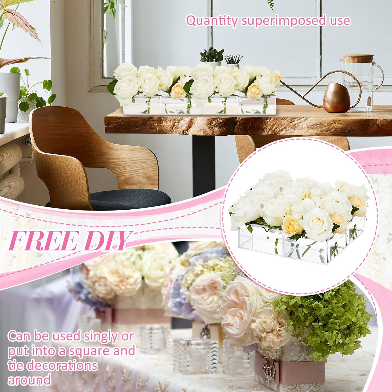 Jarrón de flores de acrílico, centro de mesa rectangular floral para mesa de comedor, moderna caja de flores acrílicas, florero rectangular