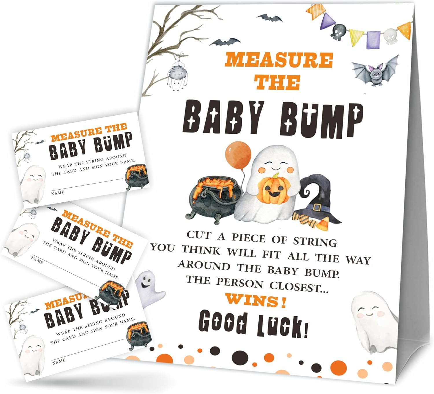 Baby Shower Measure The Baby Bump Kit de juego  Acuarela Halloween  1 letrero de pie y 50 boletos  How Big Is Mommy’s Belly Sign  Revela de género,