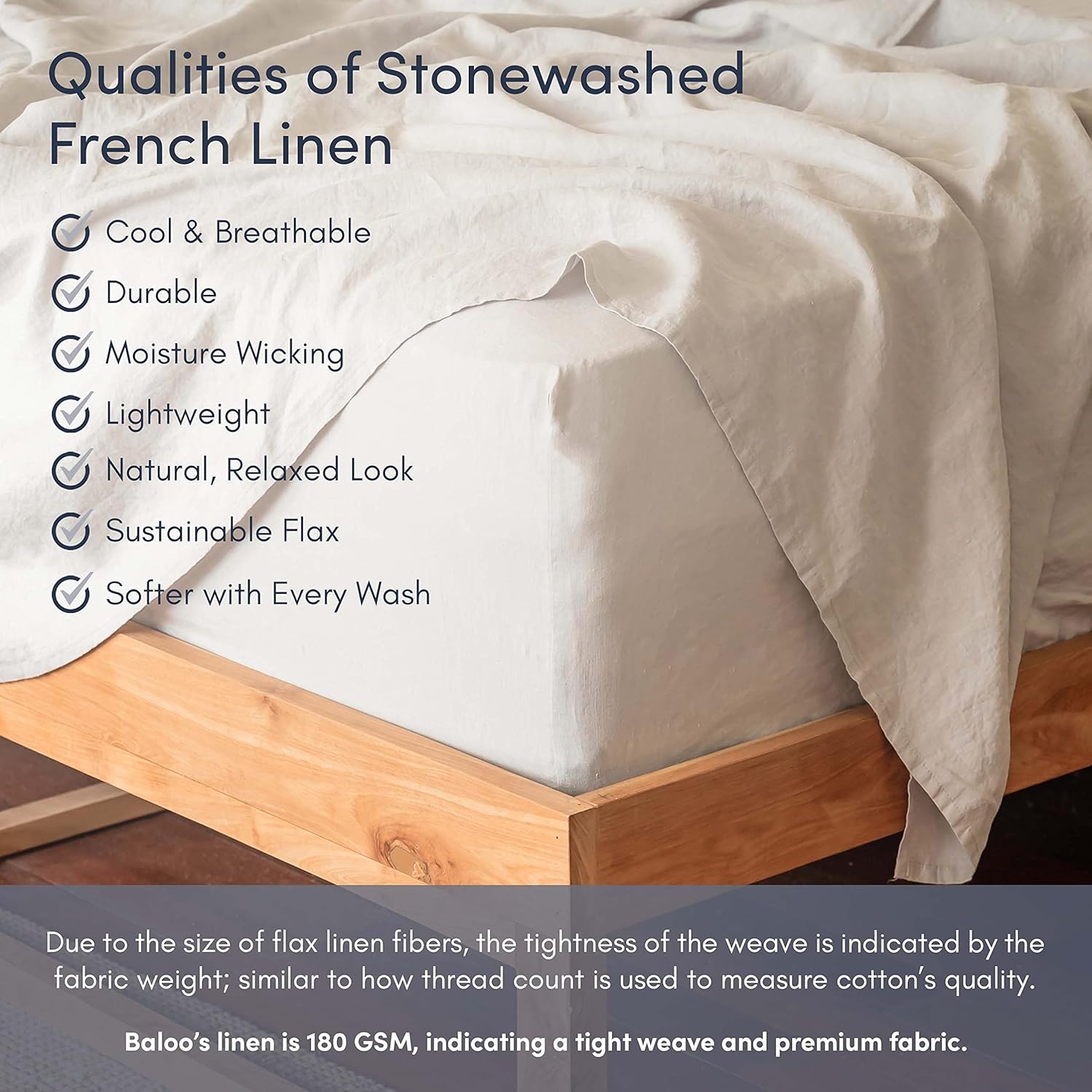 Baloo Pure French Linen Sheets  Juego de sábanas de avena (tamaño matrimonial)  Suave, premium, transpirable, fabricado con fibras naturales libres