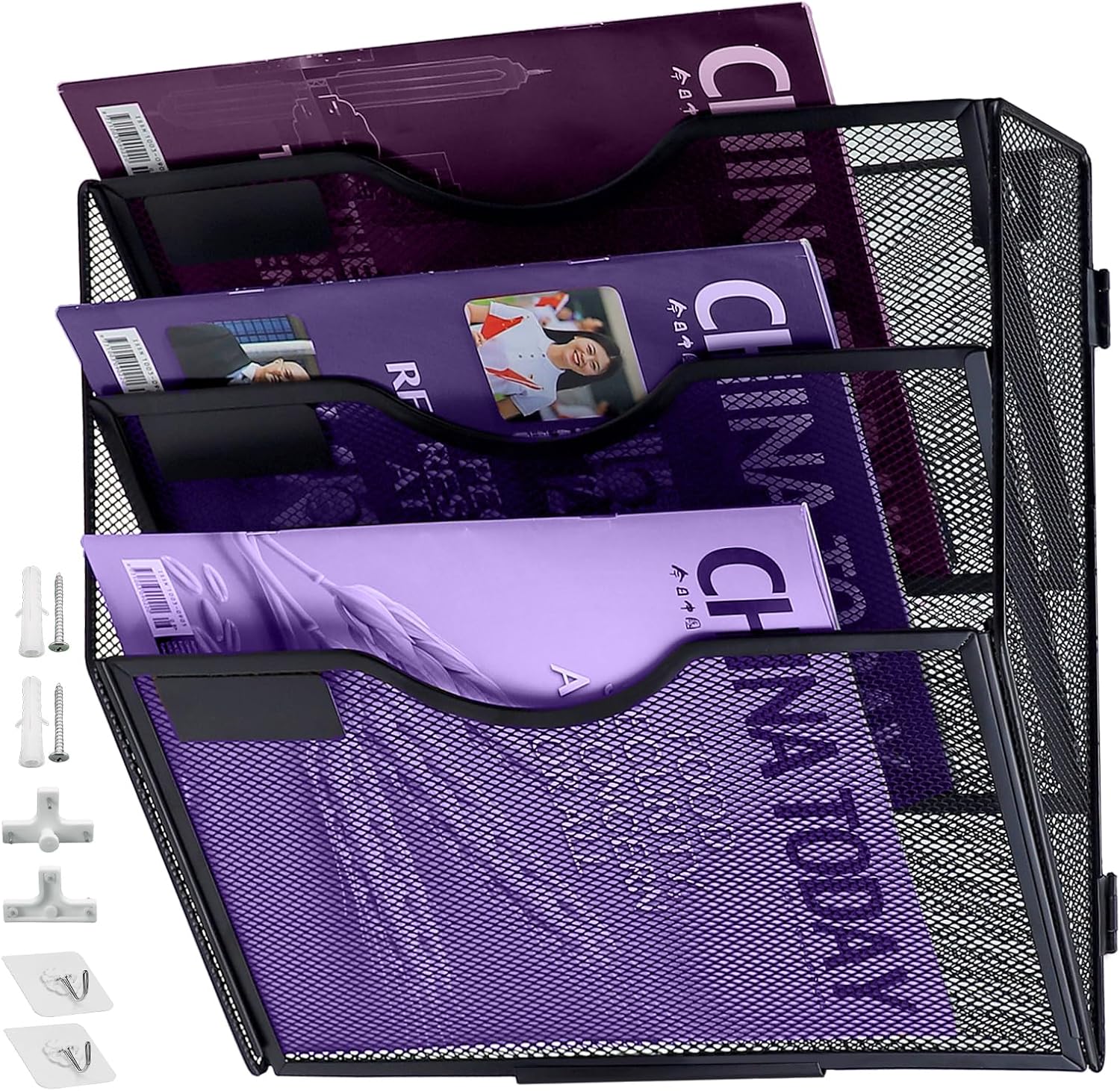 Paquete de 2 organizadores de archivos de pared de 3 bolsillos, organizador de correo, soporte de revistas, soporte vertical de malla para colgar