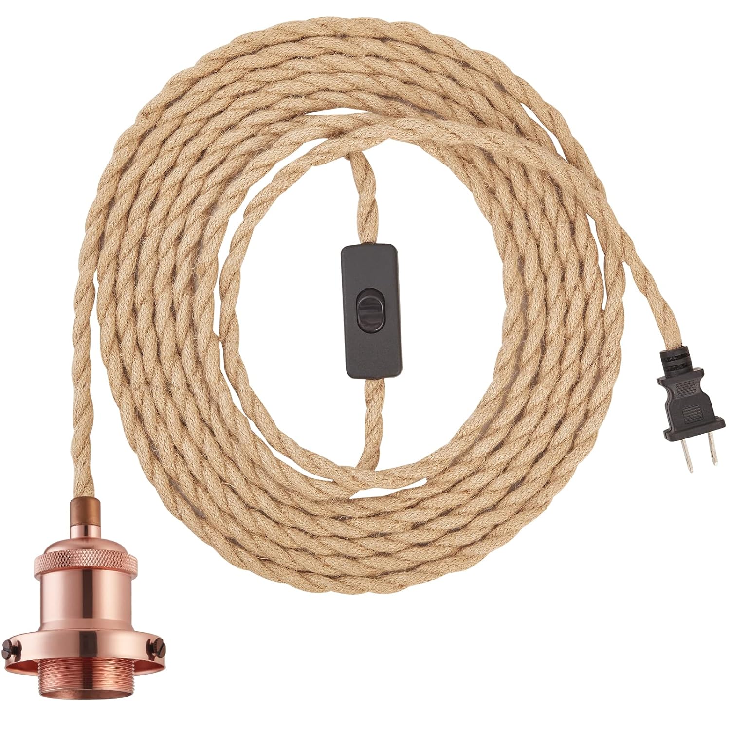 Kit de cable de luz colgante de 15.4 pies, enchufe industrial vintage E26 con interruptor, lámpara colgante de cuerda de cáñamo para lámpara