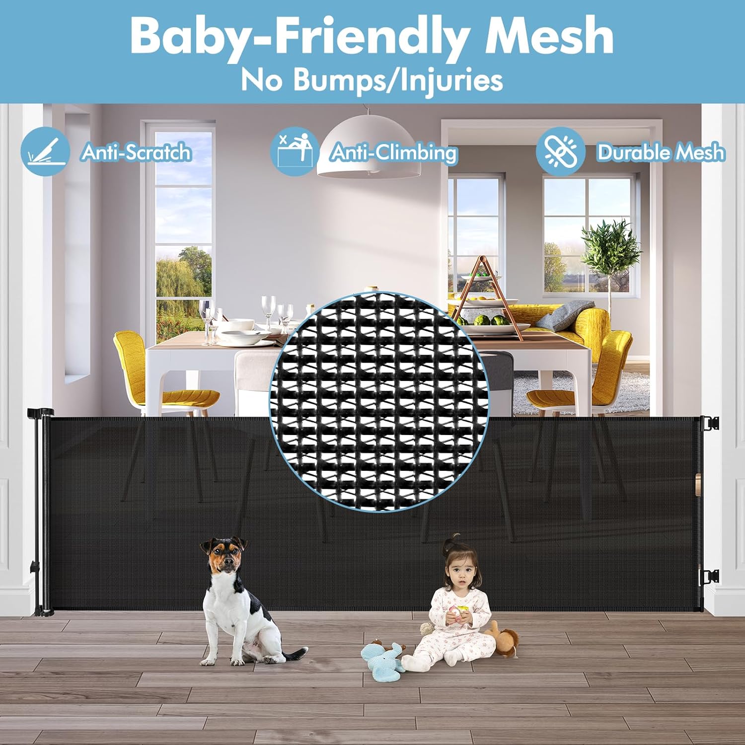 Puerta retráctil extra ancha para bebés de 75 pulgadas para aberturas amplias, puerta para niños para interiores y exteriores, puerta retráctil