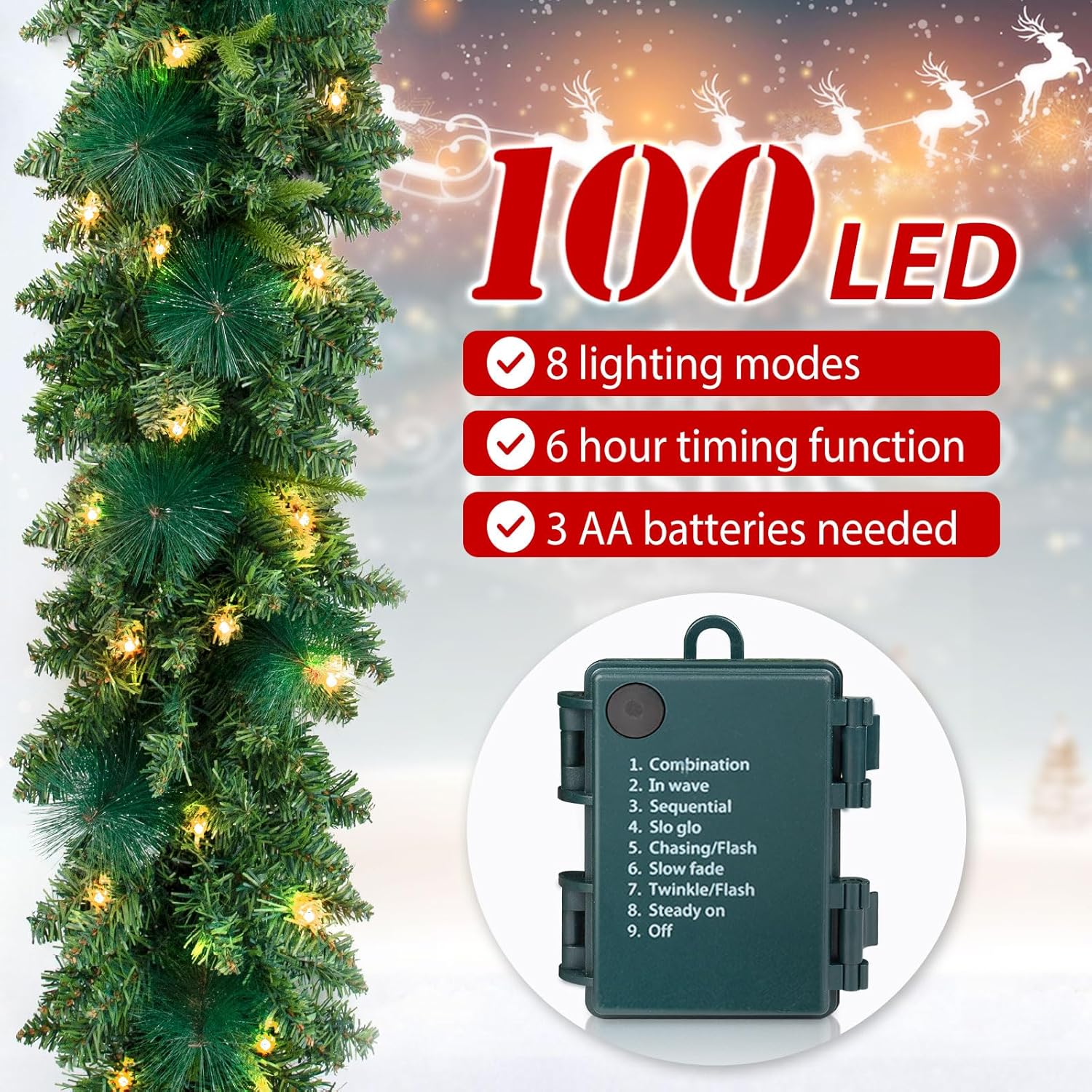 Jin&Bao Guirnalda de Navidad de 9 pies con luces, 100 luces LED, guirnalda de pino verde preiluminada, decoraciones de Navidad con temporizador, 8