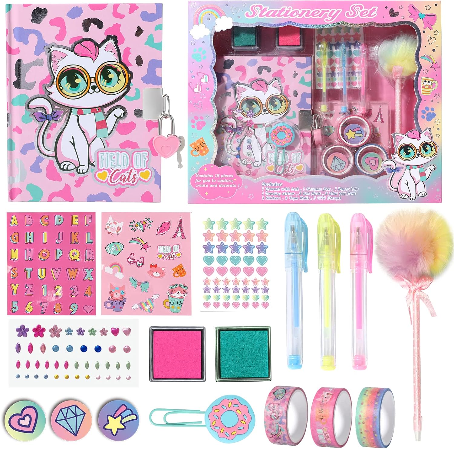 YOYTOO Diario de gato para niñas con cerradura y llaves, juego de papelería de gato con diario, sellos, calcomanías, bolígrafos, diario de