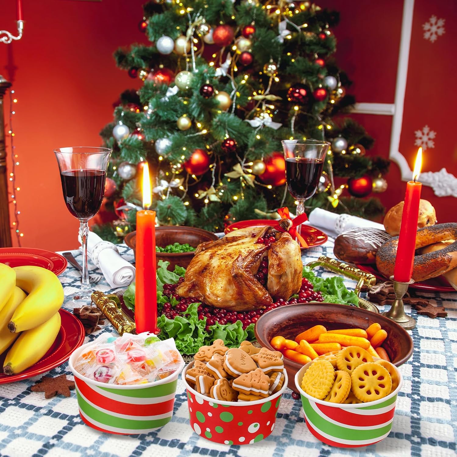 Paquete de 72 tazas de aperitivos de Navidad de 16 onzas, tazas desechables para helado, cuencos de papel para yogur, tazas de postre, vasos de