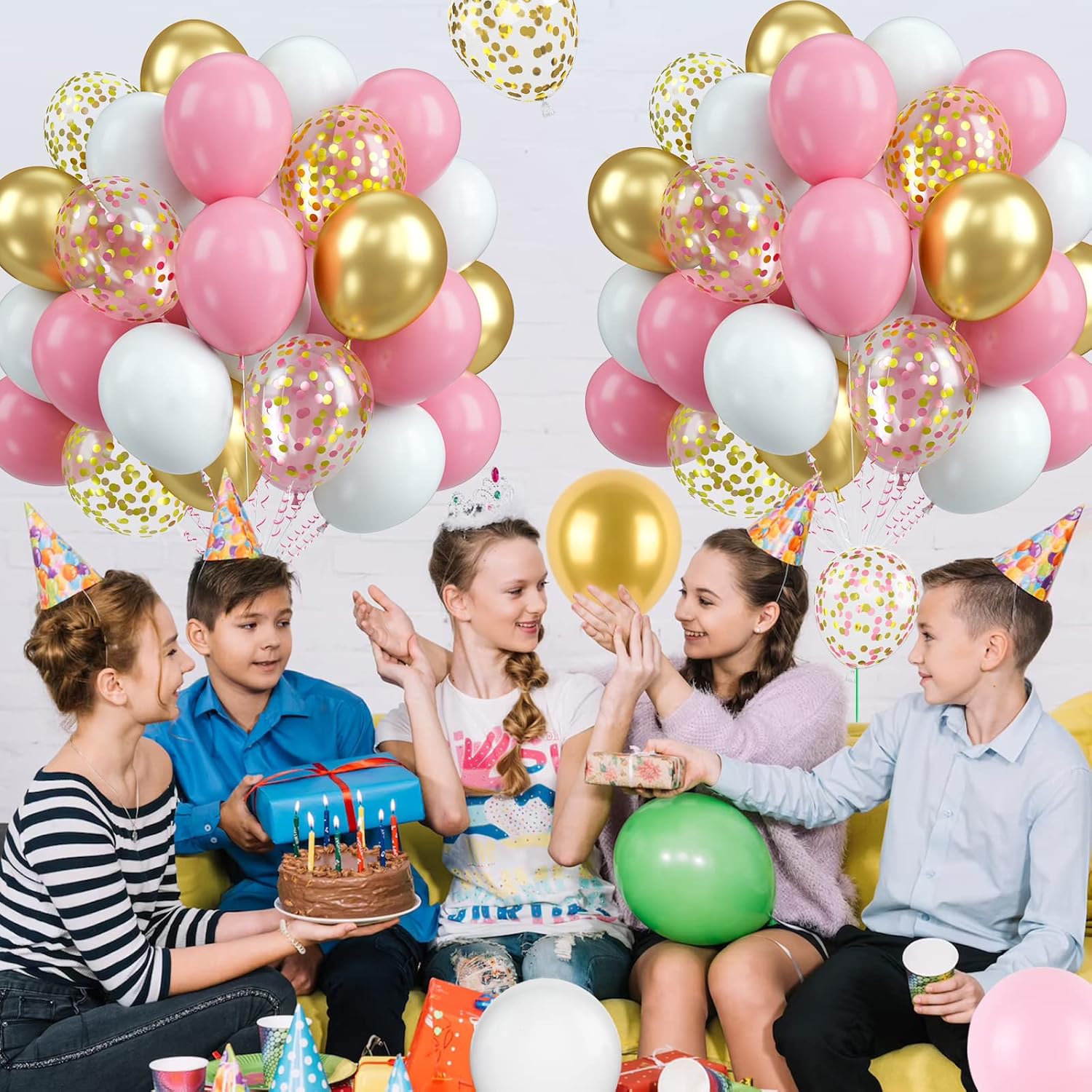 Biapian Globos de oro rosa, 60 globos rosa, blanco y dorado, globos de confeti dorado metálico de 12 pulgadas, globo de látex rosa pastel, helio