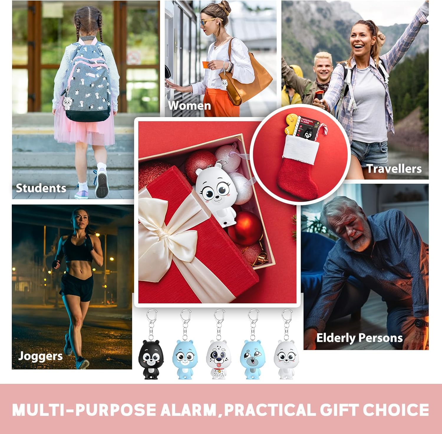 Alarma personal para mujeres, alarma de seguridad personal recargable para mujeres, niños y ancianos, sirena fuerte de 130 dB, luz estroboscópica,