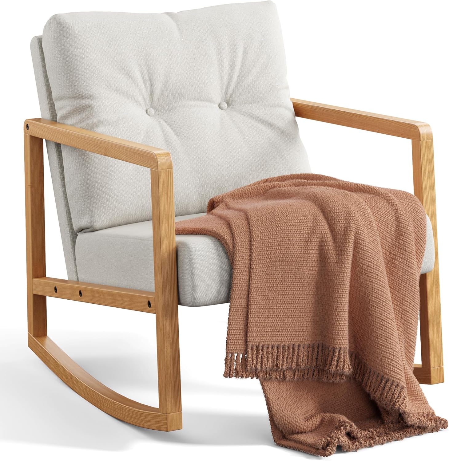 Gizoon Mecedora decorativa de mediados de siglo, silla tapizada de lino, sillón reclinable individual con almohada trasera extra, marco de madera