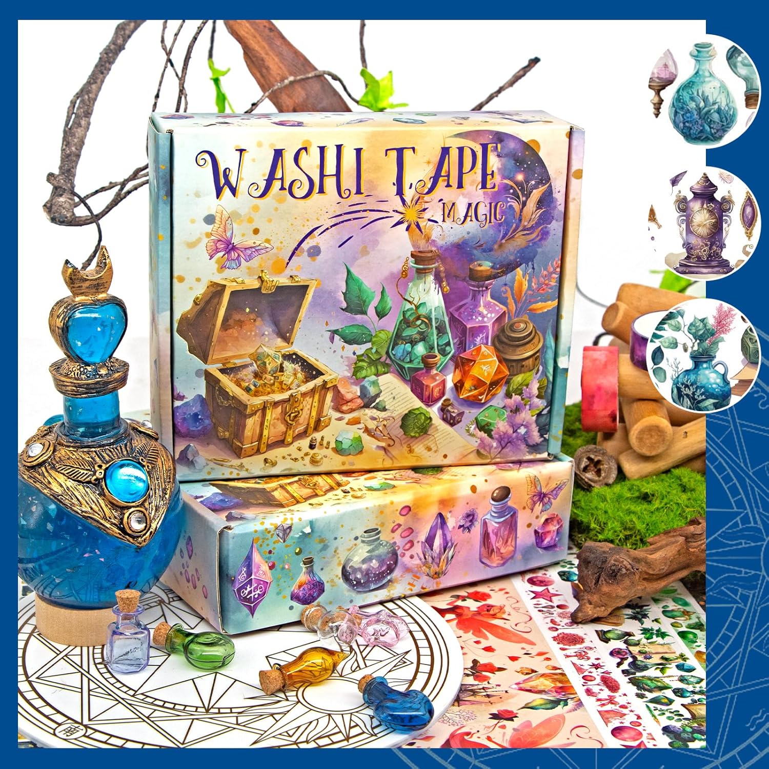 Washi – Juego de 23 rollos de cinta de recortes con temática mágica y de hadas para juego de diario de viñetas, cinta adhesiva de colores para