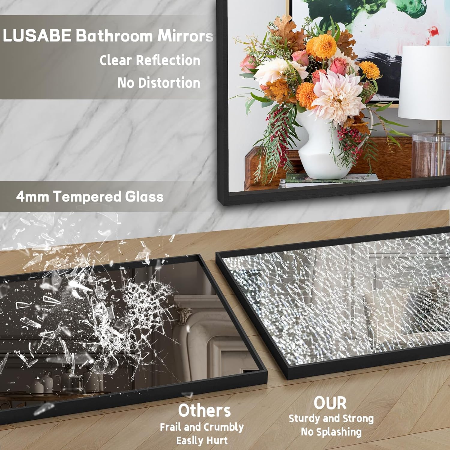 LUSABE Espejo de baño con marco negro de 30 x 36 pulgadas, espejo de tocador para pared, espejo rectangular moderno para granja, marco de aleación