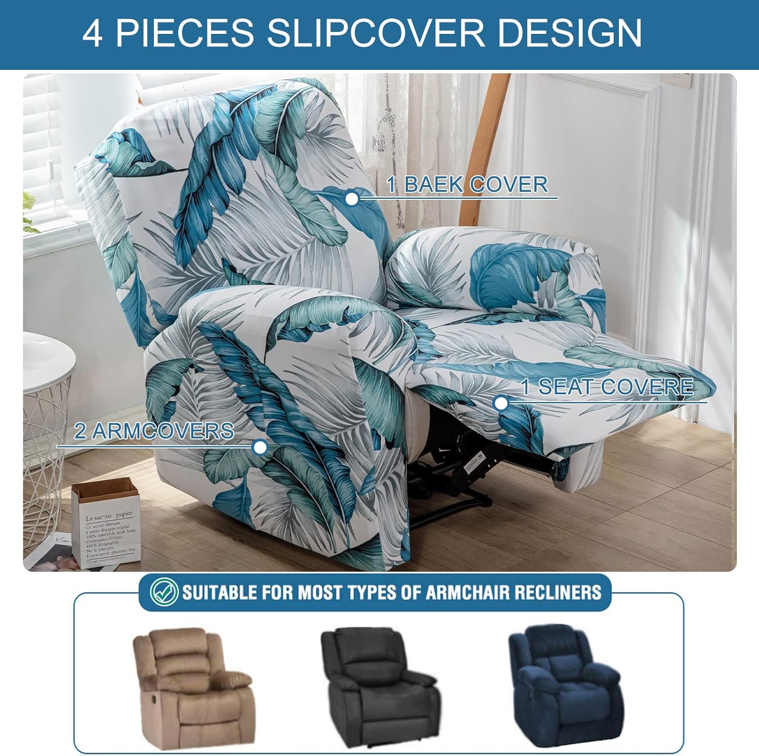 KRFOONN Fundas elásticas para sofá reclinable con estampado, 4 piezas, colección Fallon, fundas para sillas de niño perezoso, protector de muebles,