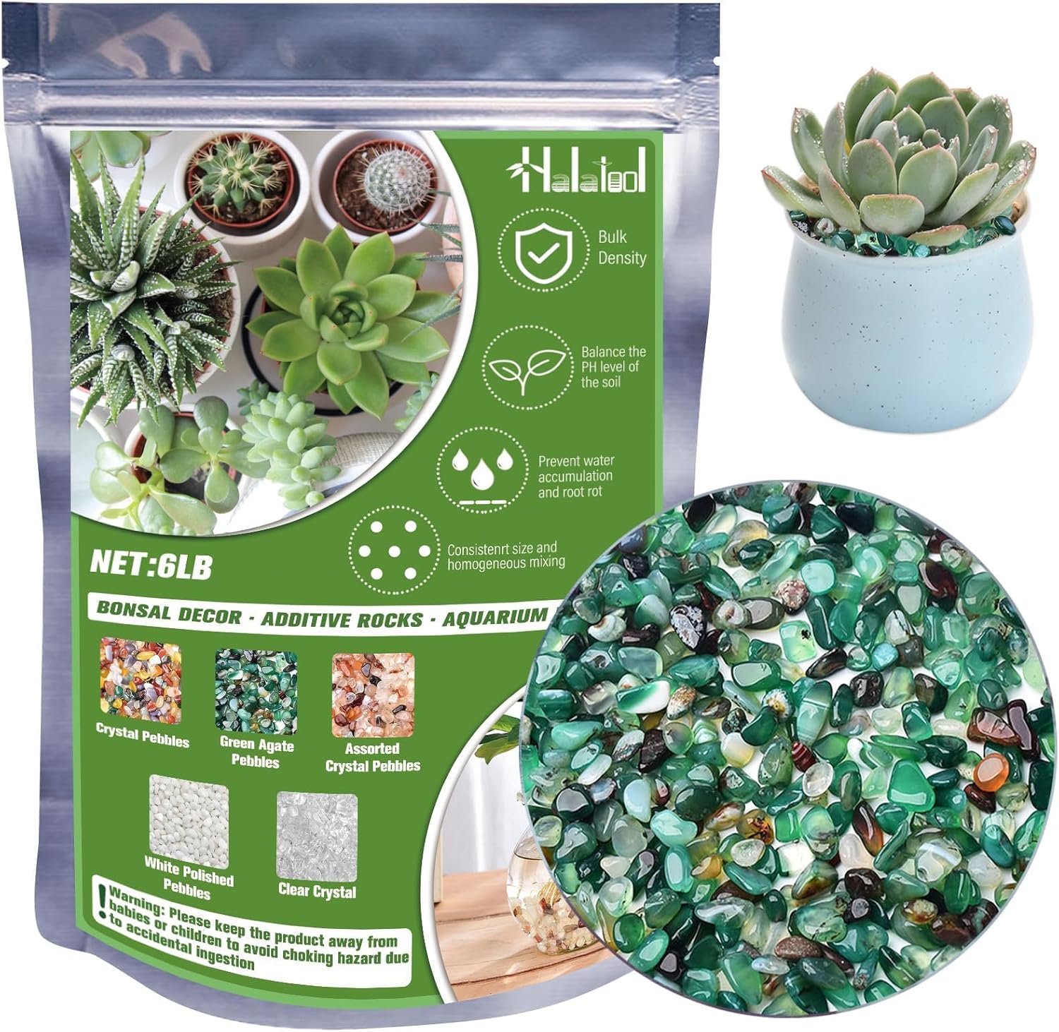 Halatool Green Pebbles – Bolsa a granel de 6 libras de 0.35 a 0.6 pulgadas, piedra pulida decorativa para acuario, grava decorativa y pulida,