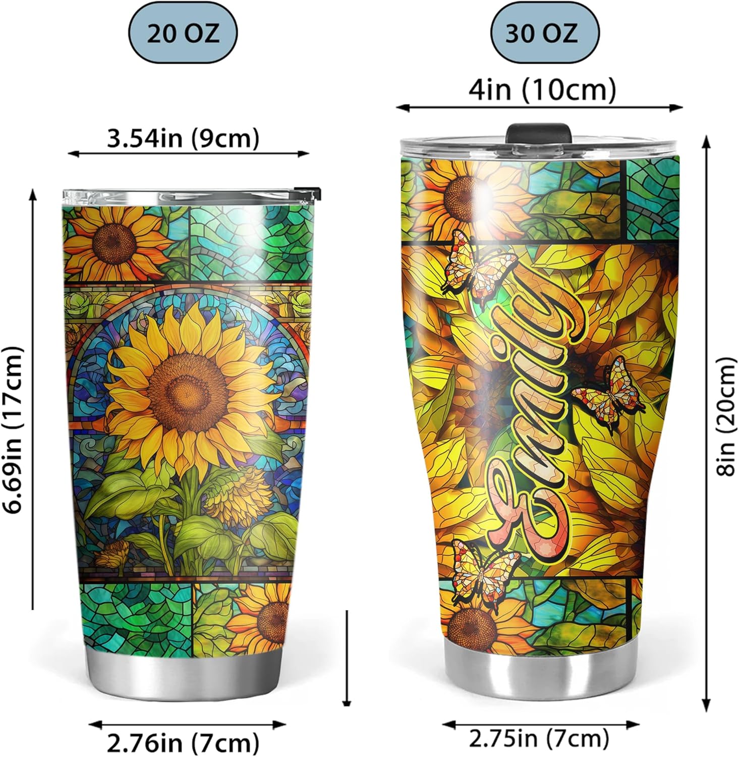 La Fonte Vaso de girasol personalizado, vaso temático de vidrieras de girasol, taza de café para amantes de los girasoles, taza de viaje de girasol,