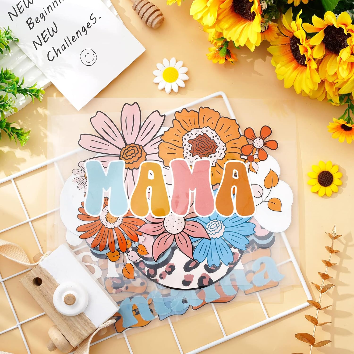 Whaline 6 hojas de parches para planchar con texto en inglés “Mama Boho, para planchar con estampado de arcoíris, flores, leopardo, mamá”, vinilo