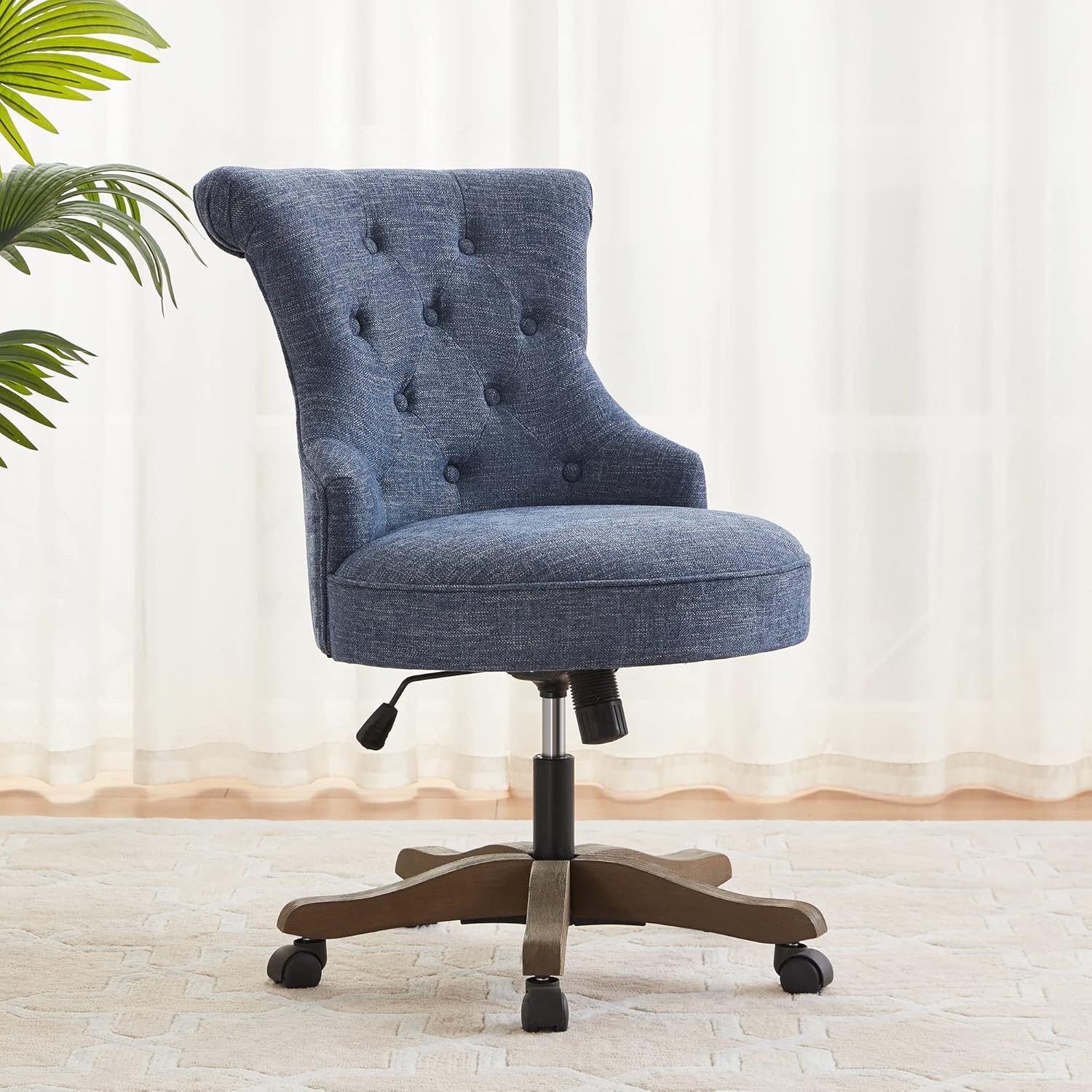 Home Office Chair Adjustable Height Swivel Chair with Wheels Linen Fabric Upholstered Computer Desk Chair with Wooden Legs Comfortable Armless Chair