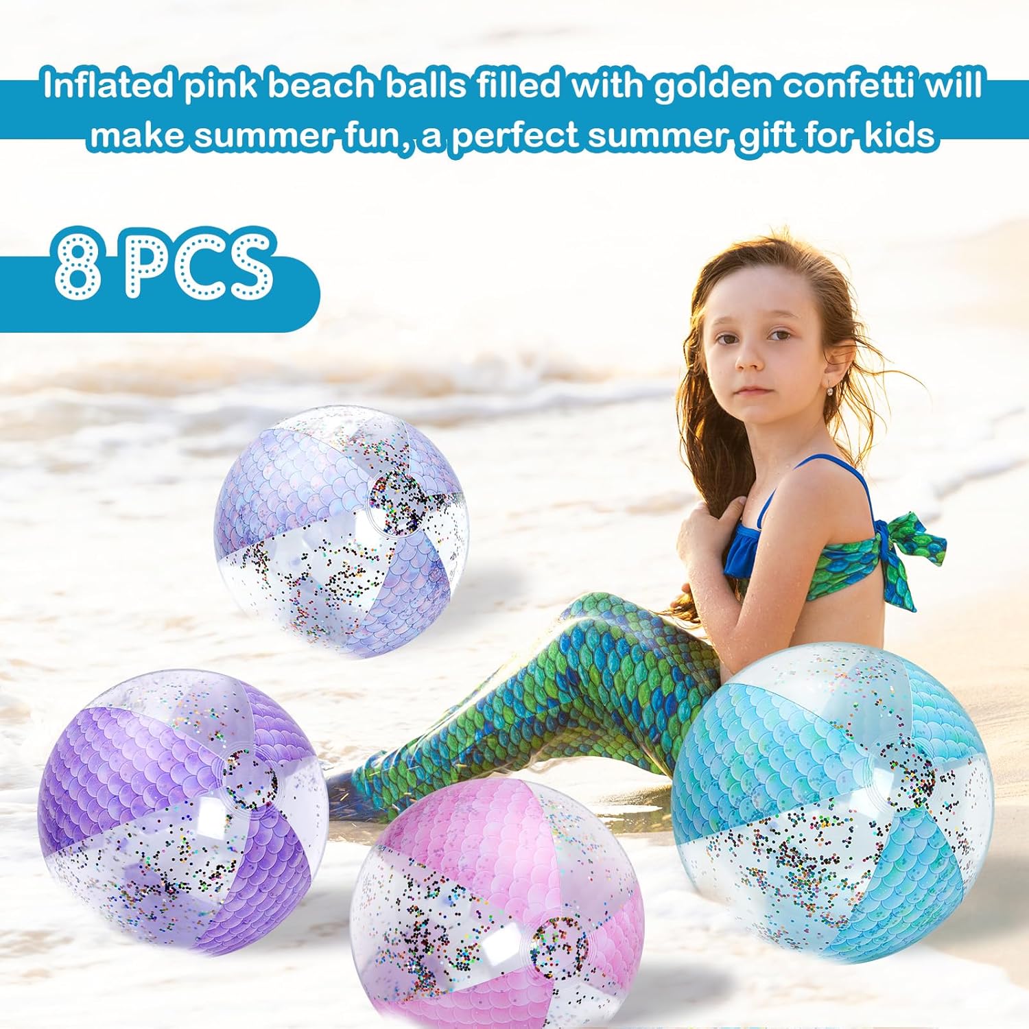 Honoson Bola de playa de sirena de 12 pulgadas, bola de playa inflable gigante con purpurina, bola de playa con purpurina, regalos de fiesta de