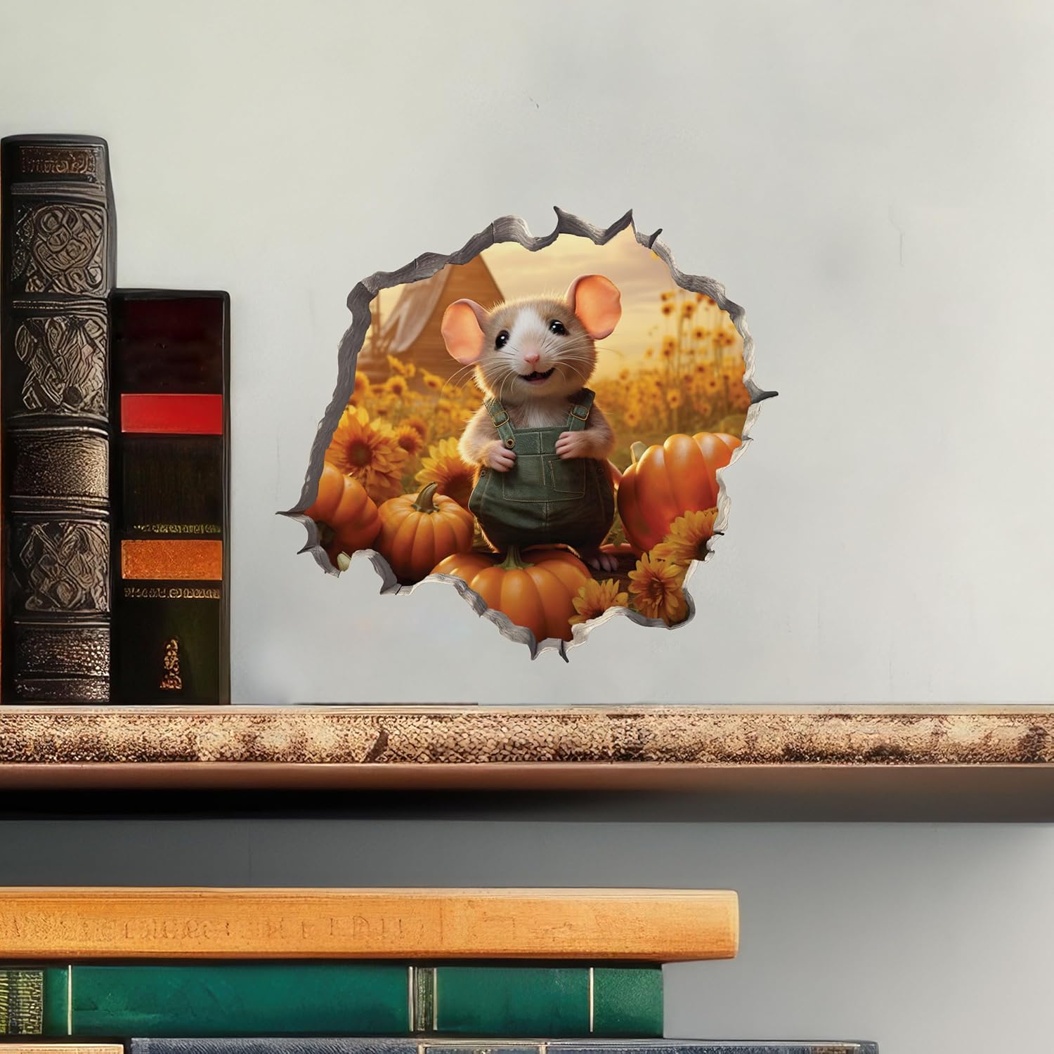 Calcomanía de pared 3D con parche de calabaza con agujero de ratón