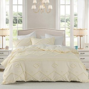 Juego de funda de edredón bohemia tamaño Queen, patrón geométrico copetudo, juego de fundas de edredón Shabby Chic de 3 piezas de microfibra bordada Juego de funda de edredón bohemia tamaño Queen, patrón geométrico copetudo, juego de fundas de edredón Shabby Chic de 3 piezas de microfibra bordada