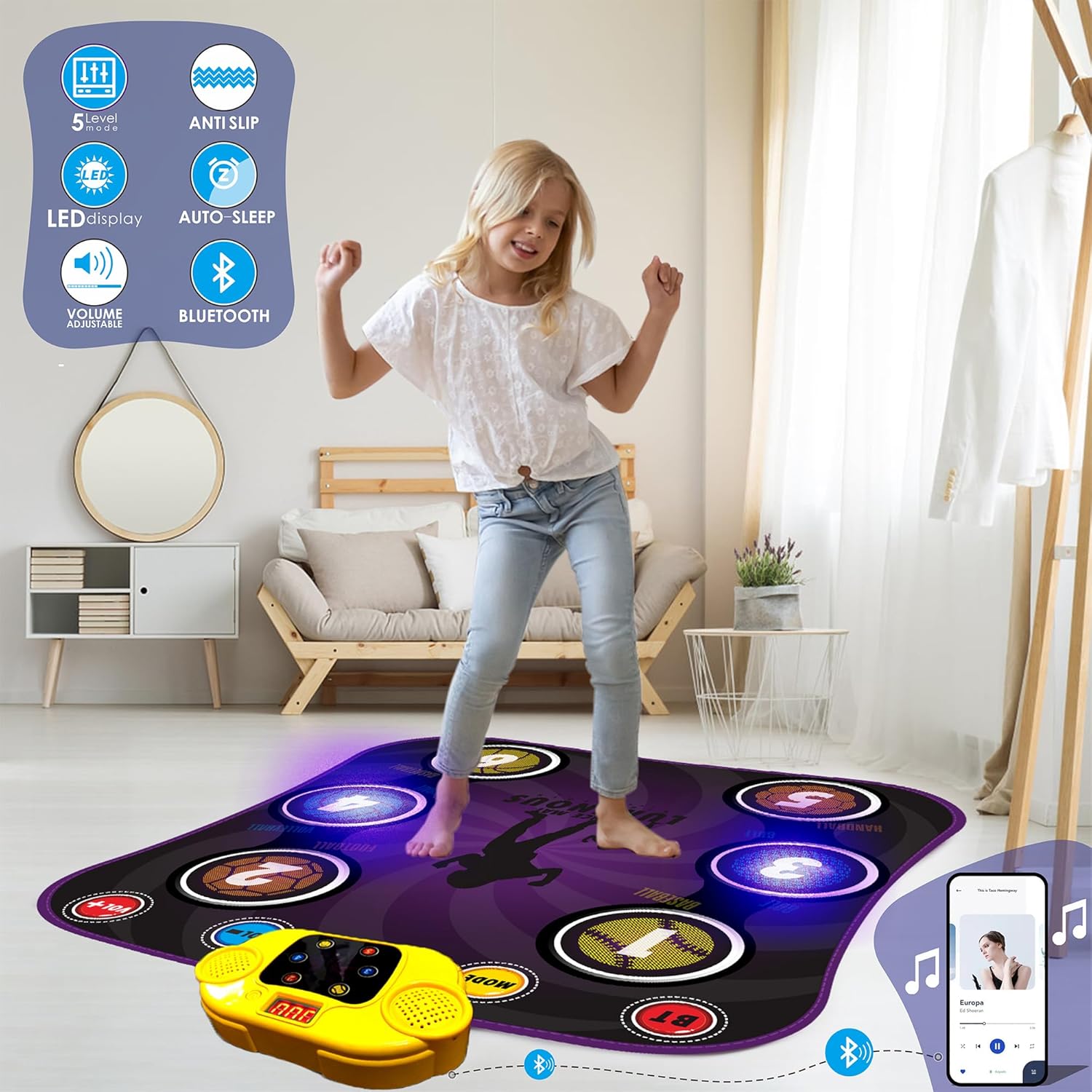 Tapetes de baile para niños de 3 a 12 años, almohadilla de baile con 6 botones iluminados, tapete de juego de baile musical con 5 modos de juego,