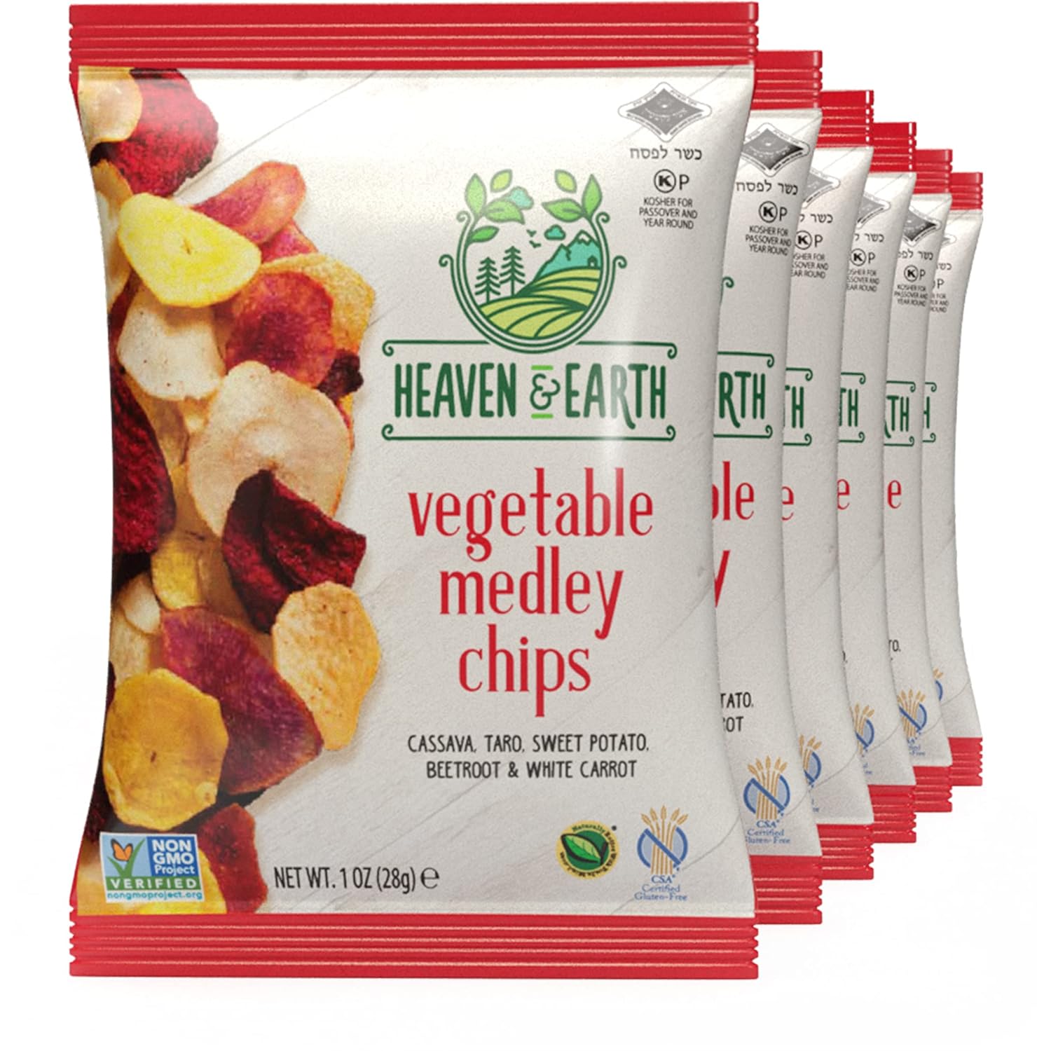 Heaven & Earth Chips Veggie Chips, chips de raíz de verduras de 1 oz (paquete de 6) delgadas y crujientes  Perfecto para aperitivos y ensaladas  Sin