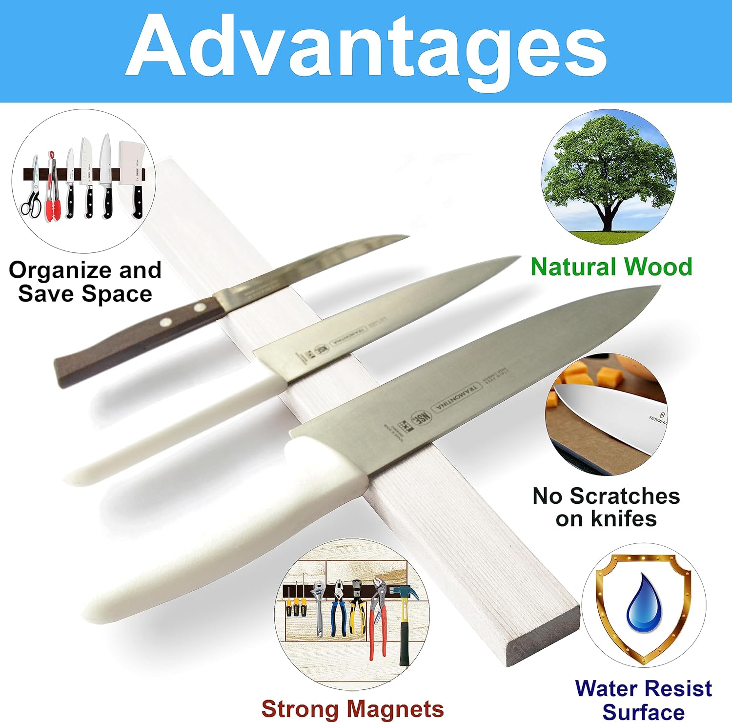 Tira magnética para cuchillos de madera blanca de 16 pulgadas, uso como soporte magnético para cuchillos para pared, tira magnética para cuchillos,