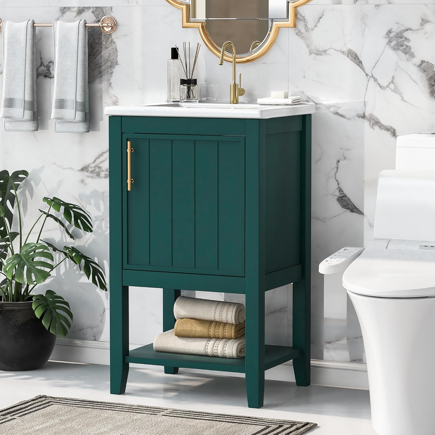 Merax, Gabinete de tocador de baño verde de 20 pulgadas con juego de encimera de fregadero de cerámica, independiente, estante de almacenamiento de