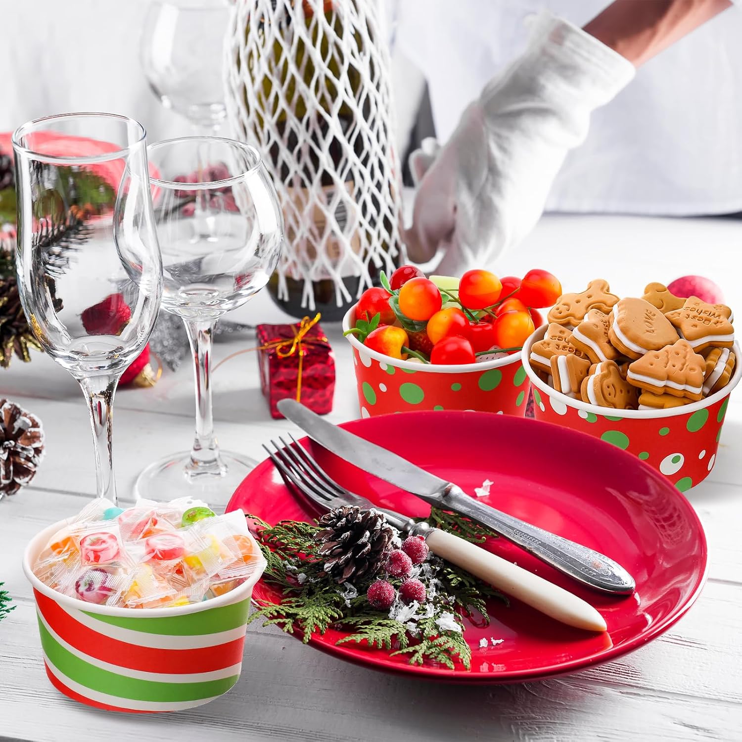 Paquete de 72 tazas de aperitivos de Navidad de 16 onzas, tazas desechables para helado, cuencos de papel para yogur, tazas de postre, vasos de