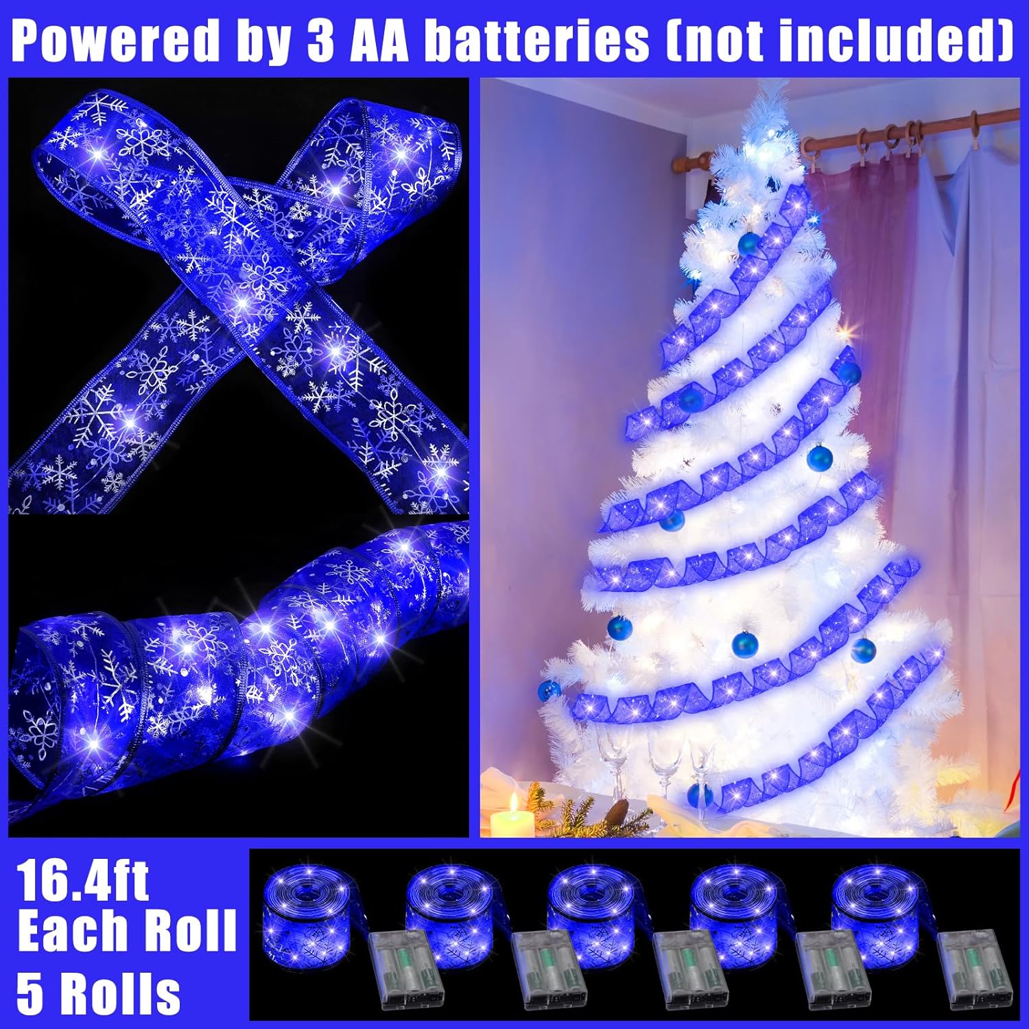 5 luces de cinta de Navidad de 82 pies, luces LED para árbol de Navidad, funciona con pilas, cinta de Navidad, guirnalda de luces de alambre para